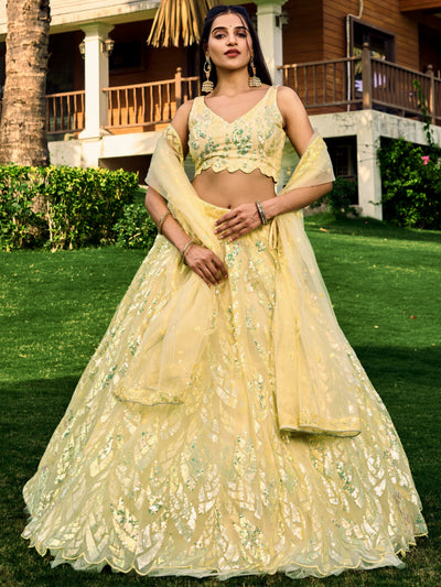 Yellow Impressive Sequins Net Function Lehenga Choli with Dupatta for Women
