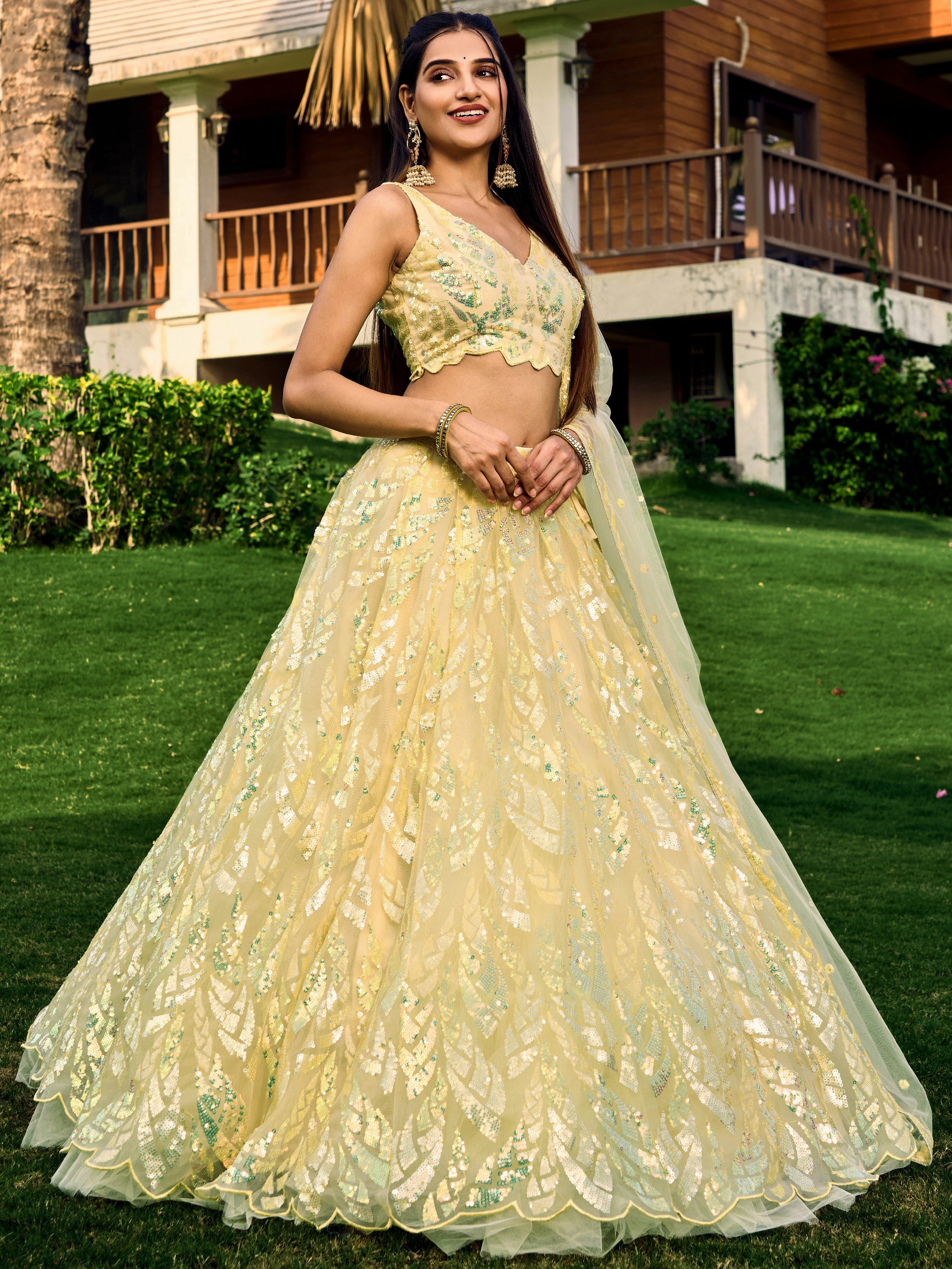 Yellow Impressive Sequins Net Function Lehenga Choli with Dupatta for Women