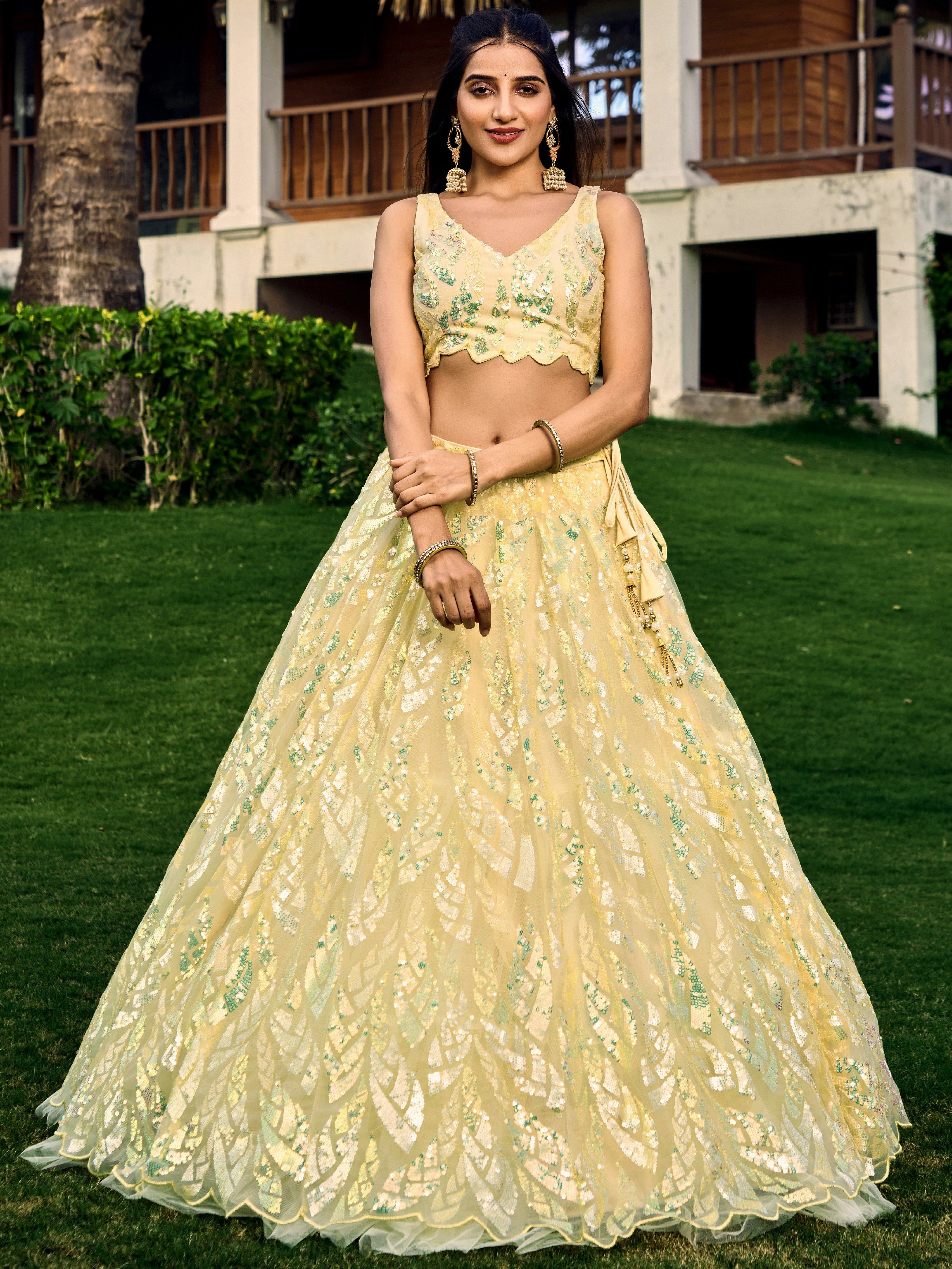 Yellow Impressive Sequins Net Function Lehenga Choli with Dupatta for Women