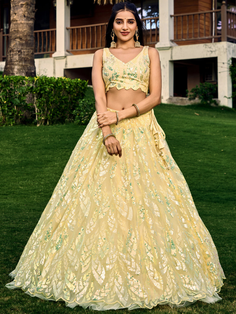 Yellow Impressive Sequins Net Function Lehenga Choli with Dupatta for Women