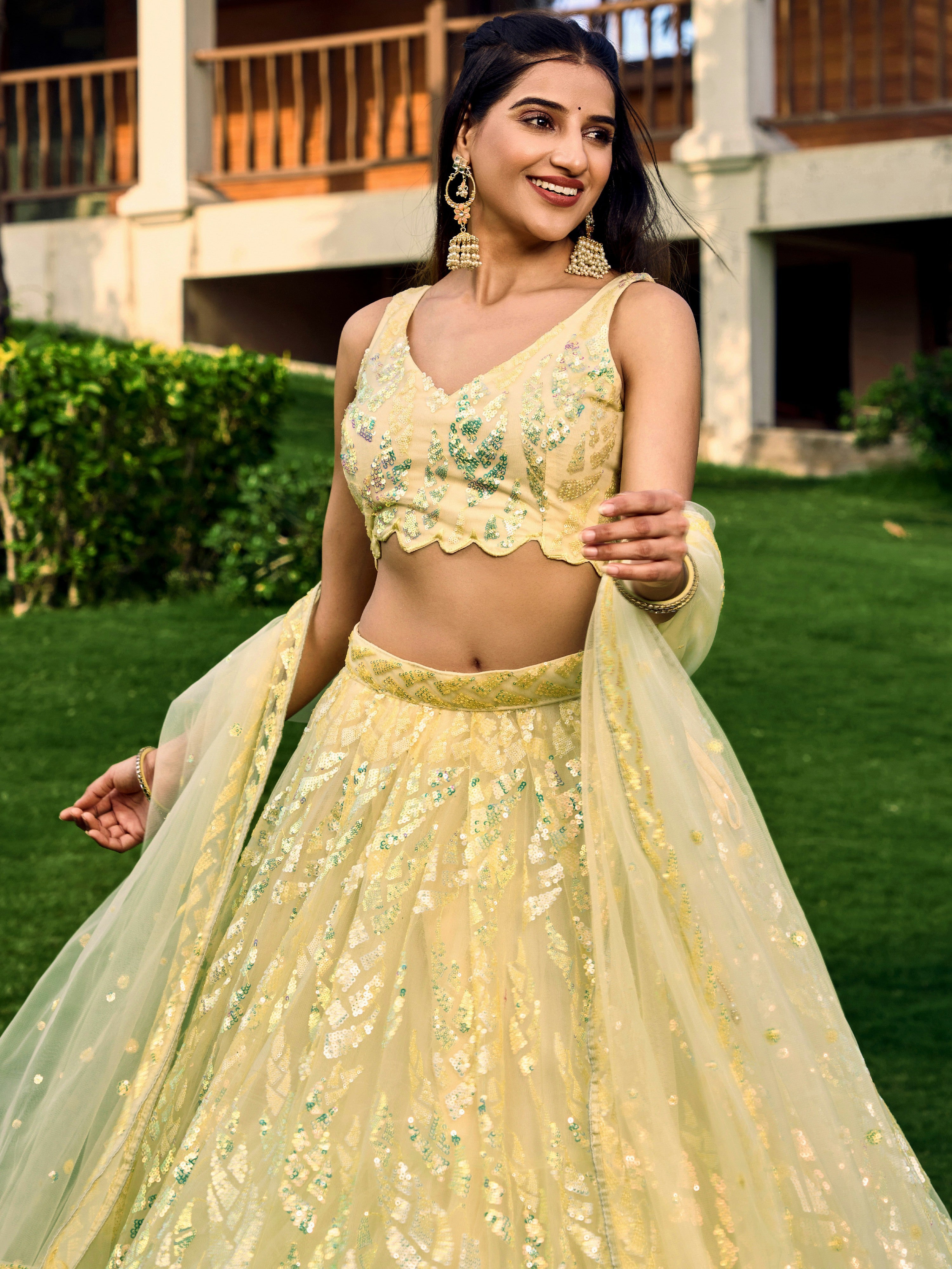 Yellow Impressive Sequins Net Function Lehenga Choli with Dupatta for Women