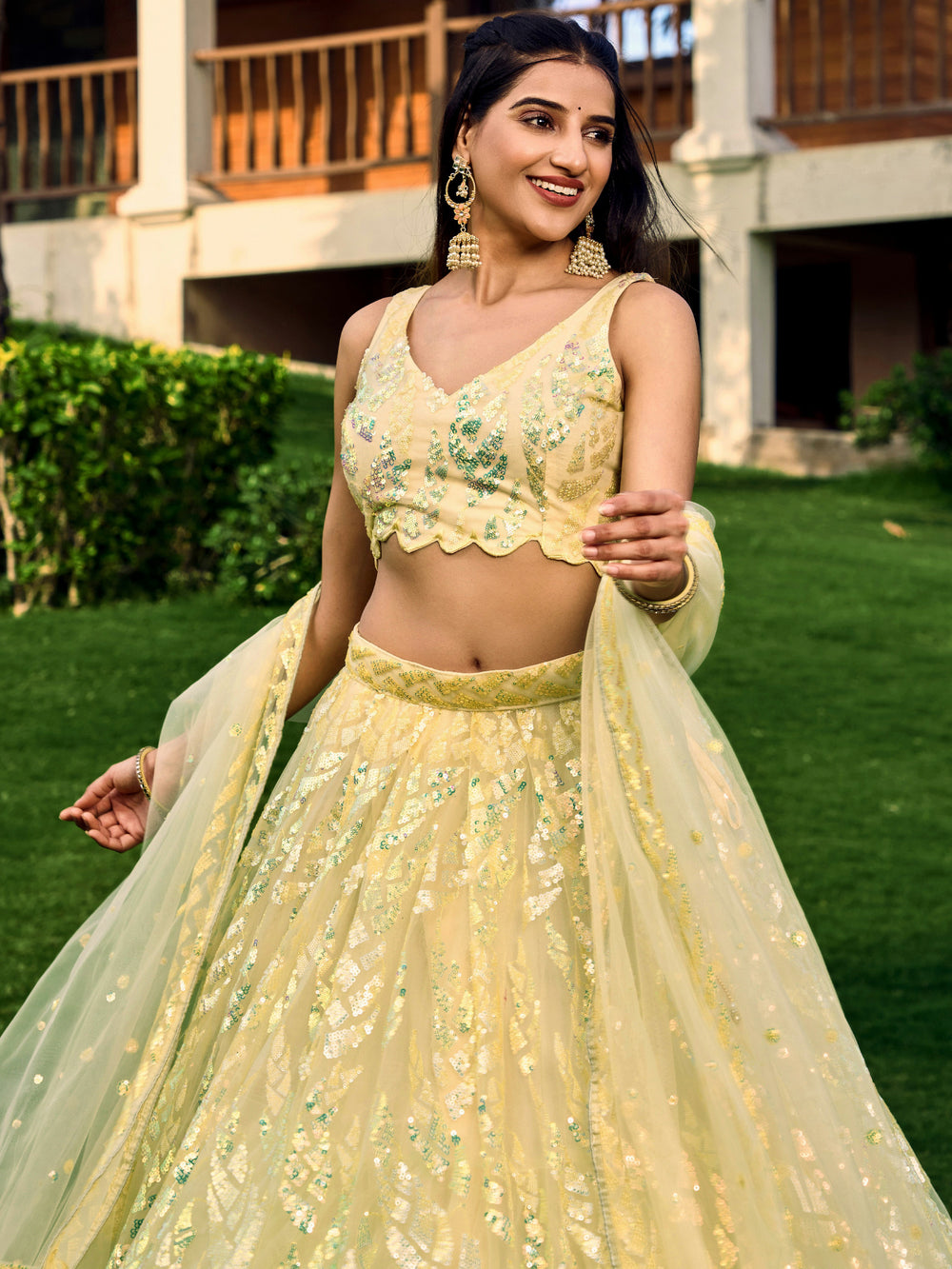 Yellow Impressive Sequins Net Function Lehenga Choli with Dupatta for Women