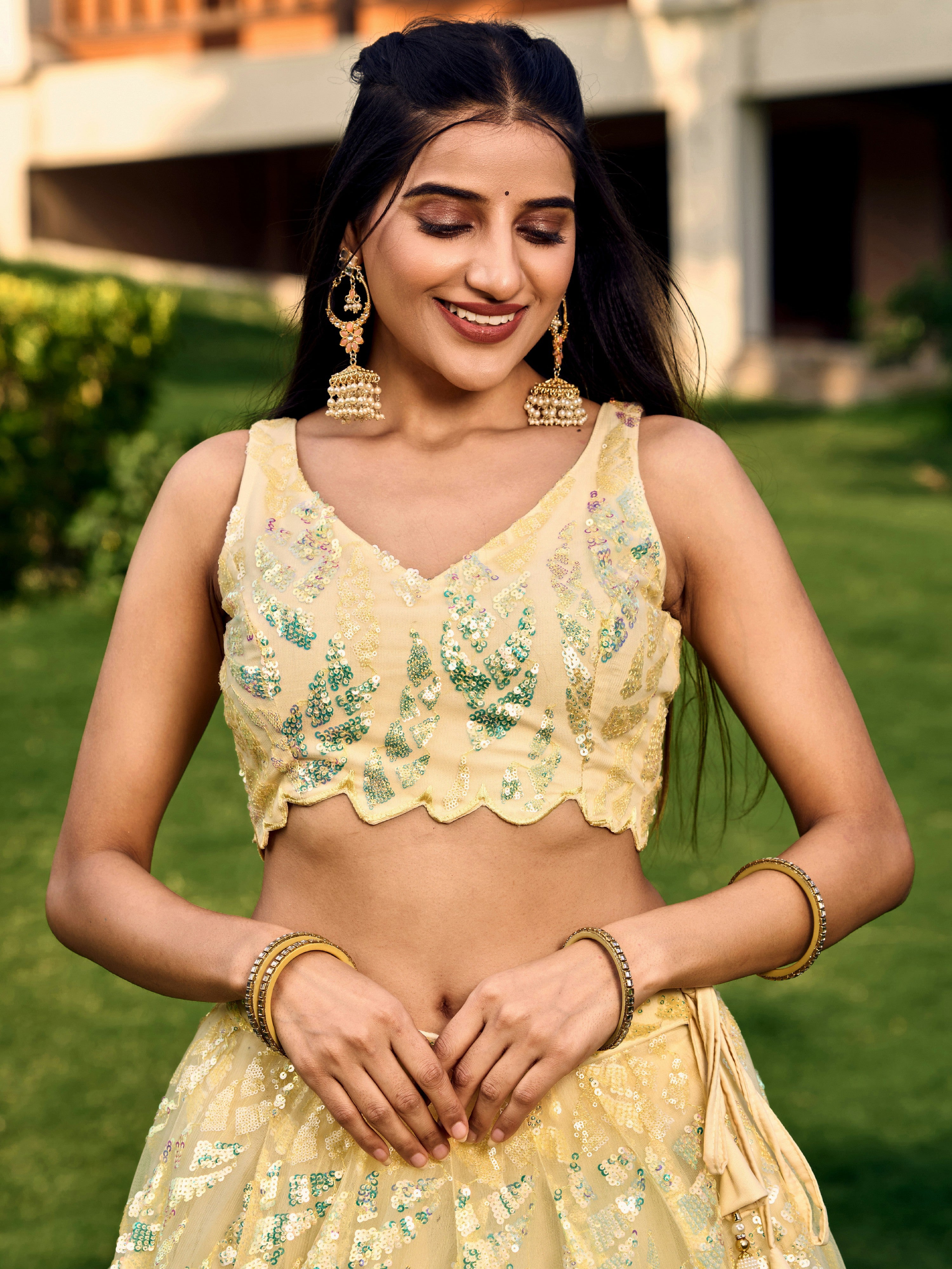 Yellow Impressive Sequins Net Function Lehenga Choli with Dupatta for Women