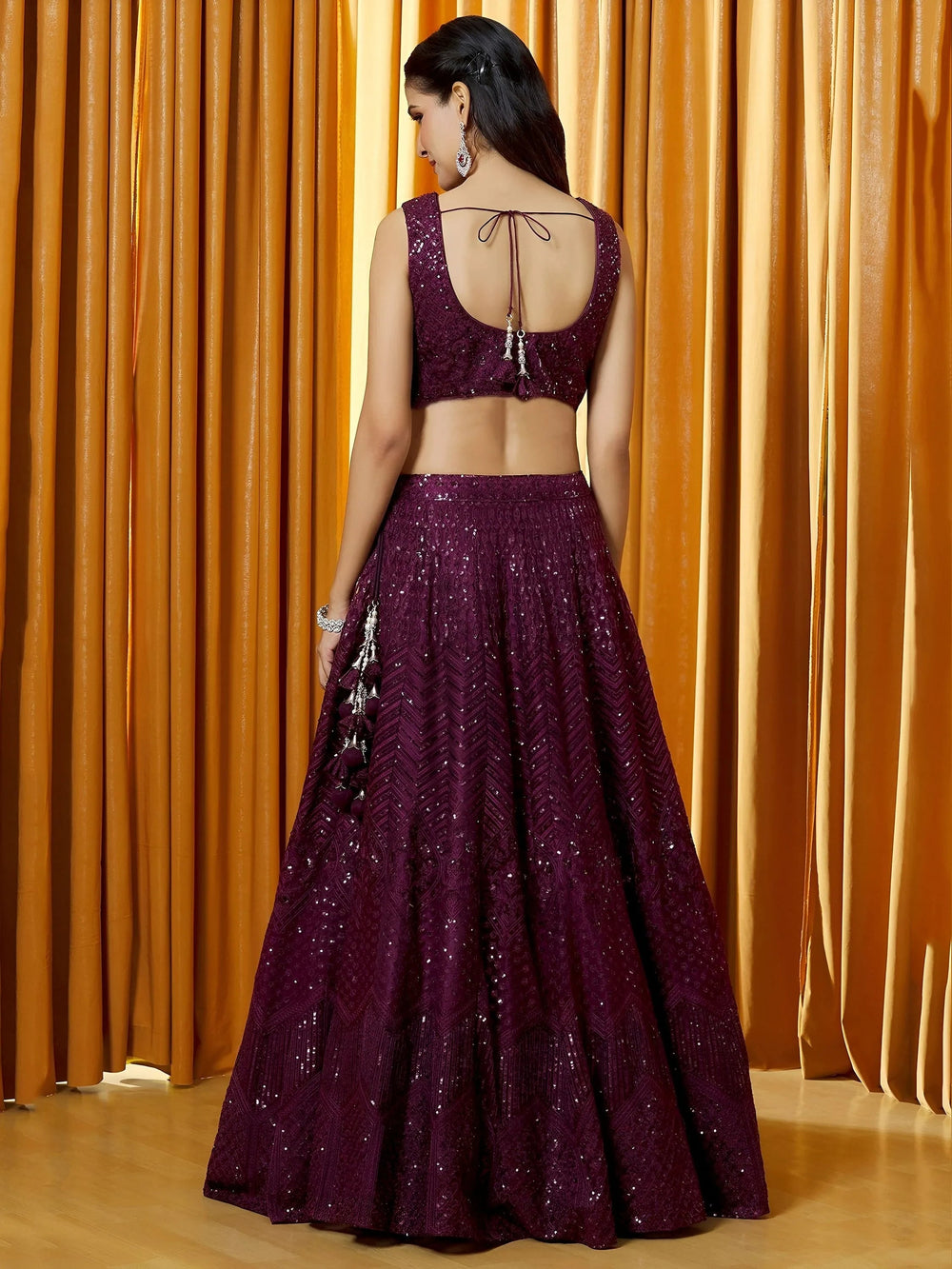 Wine Flawless Thread Embroidered Net Reception Lehenga Choli Indian Ethnic Wear