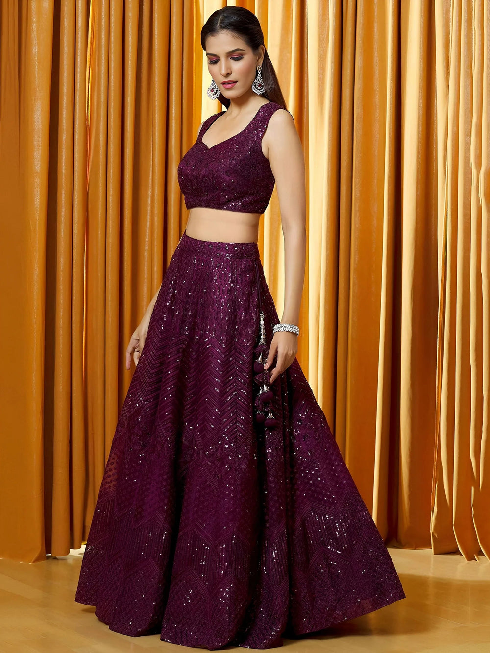 Wine Flawless Thread Embroidered Net Reception Lehenga Choli Indian Ethnic Wear