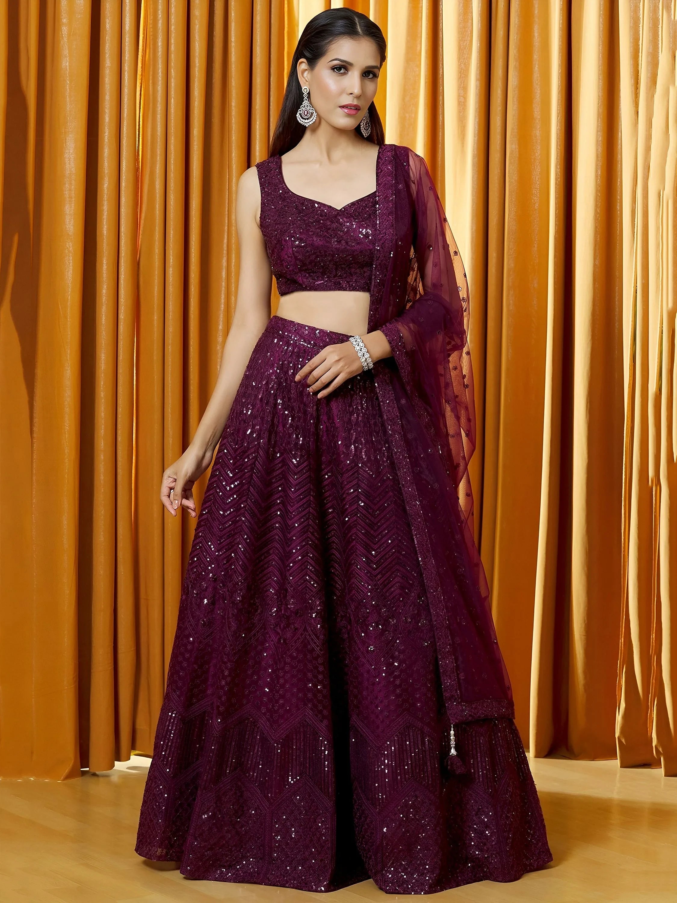 Wine Flawless Thread Embroidered Net Reception Lehenga Choli Indian Ethnic Wear