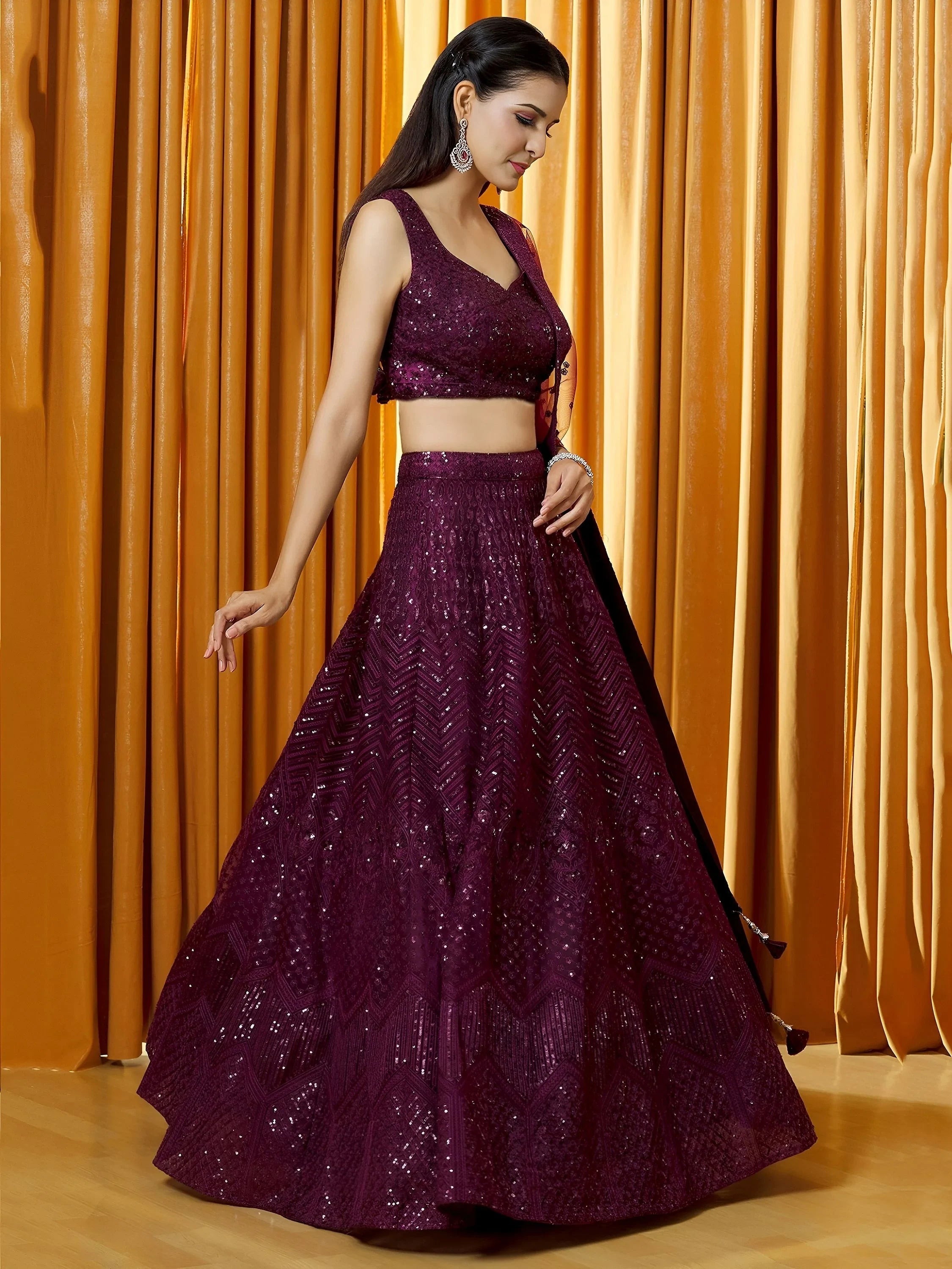Wine Flawless Thread Embroidered Net Reception Lehenga Choli Indian Ethnic Wear