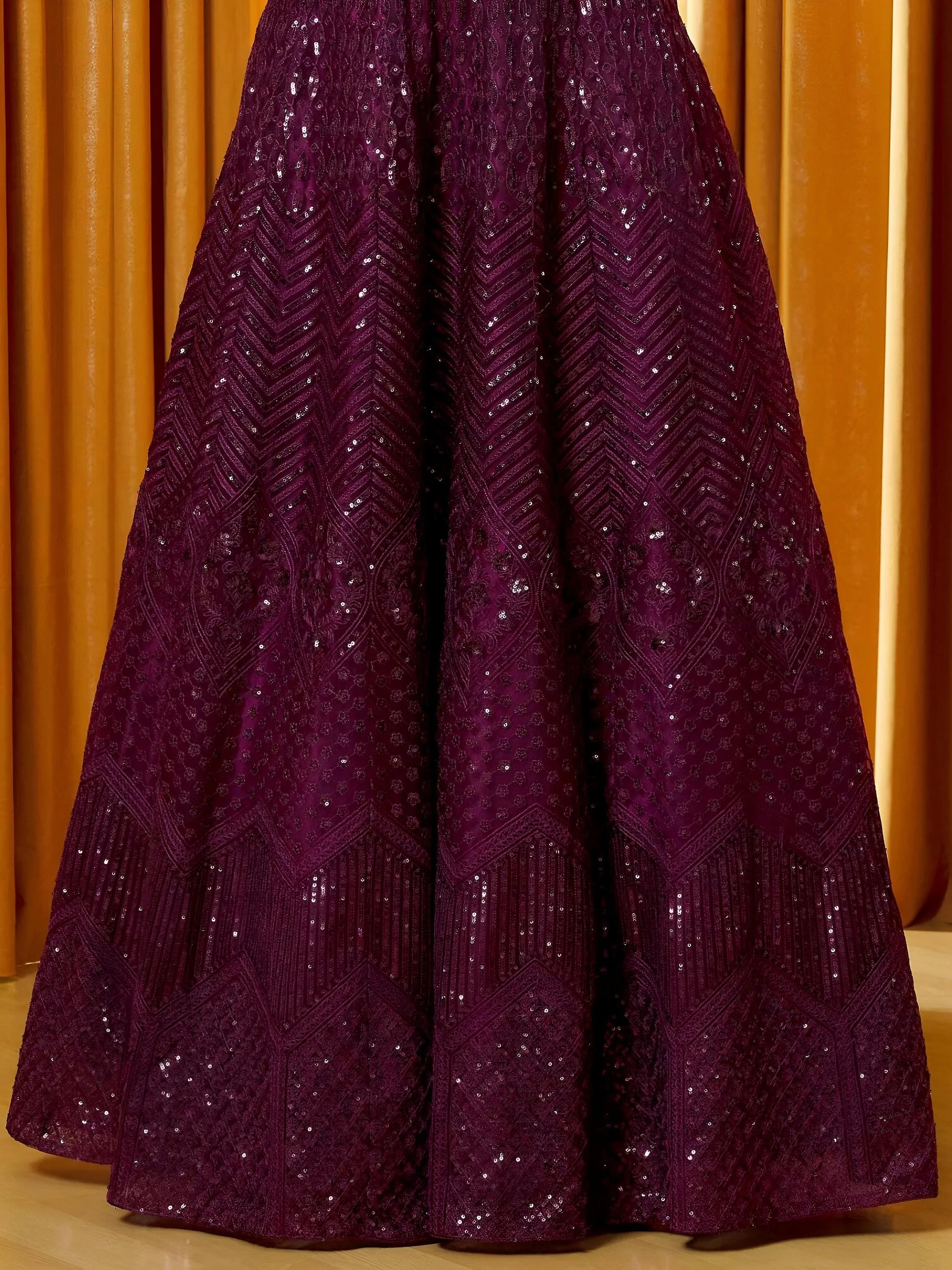 Wine Flawless Thread Embroidered Net Reception Lehenga Choli Indian Ethnic Wear