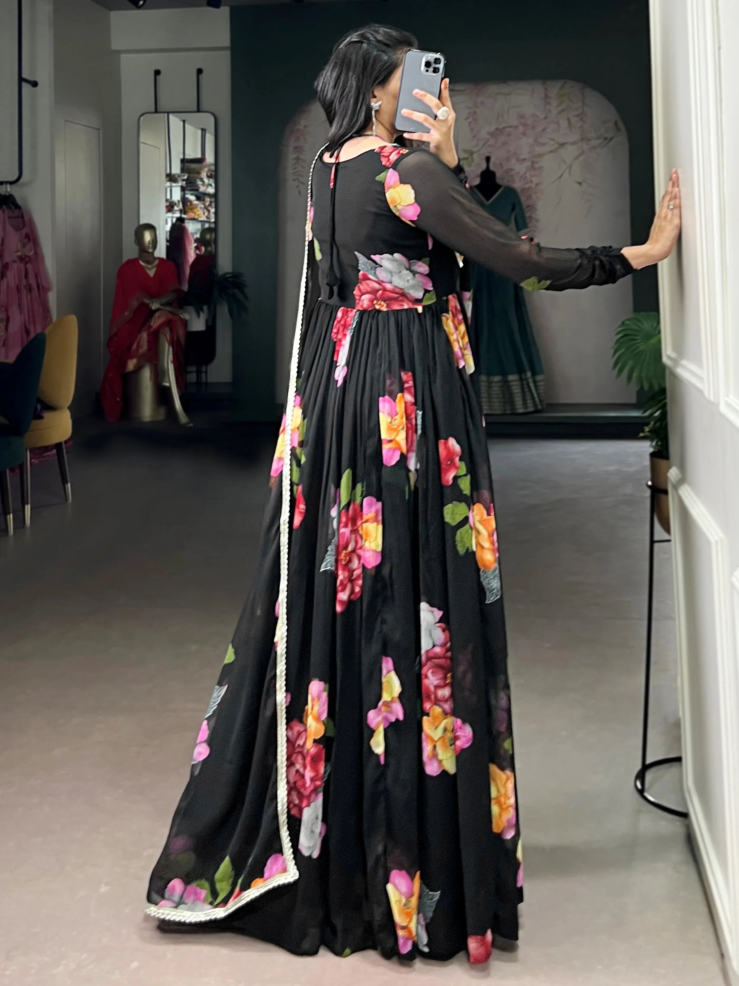 Black Chiffon Floral Printed Party Wear Gown With Dupatta