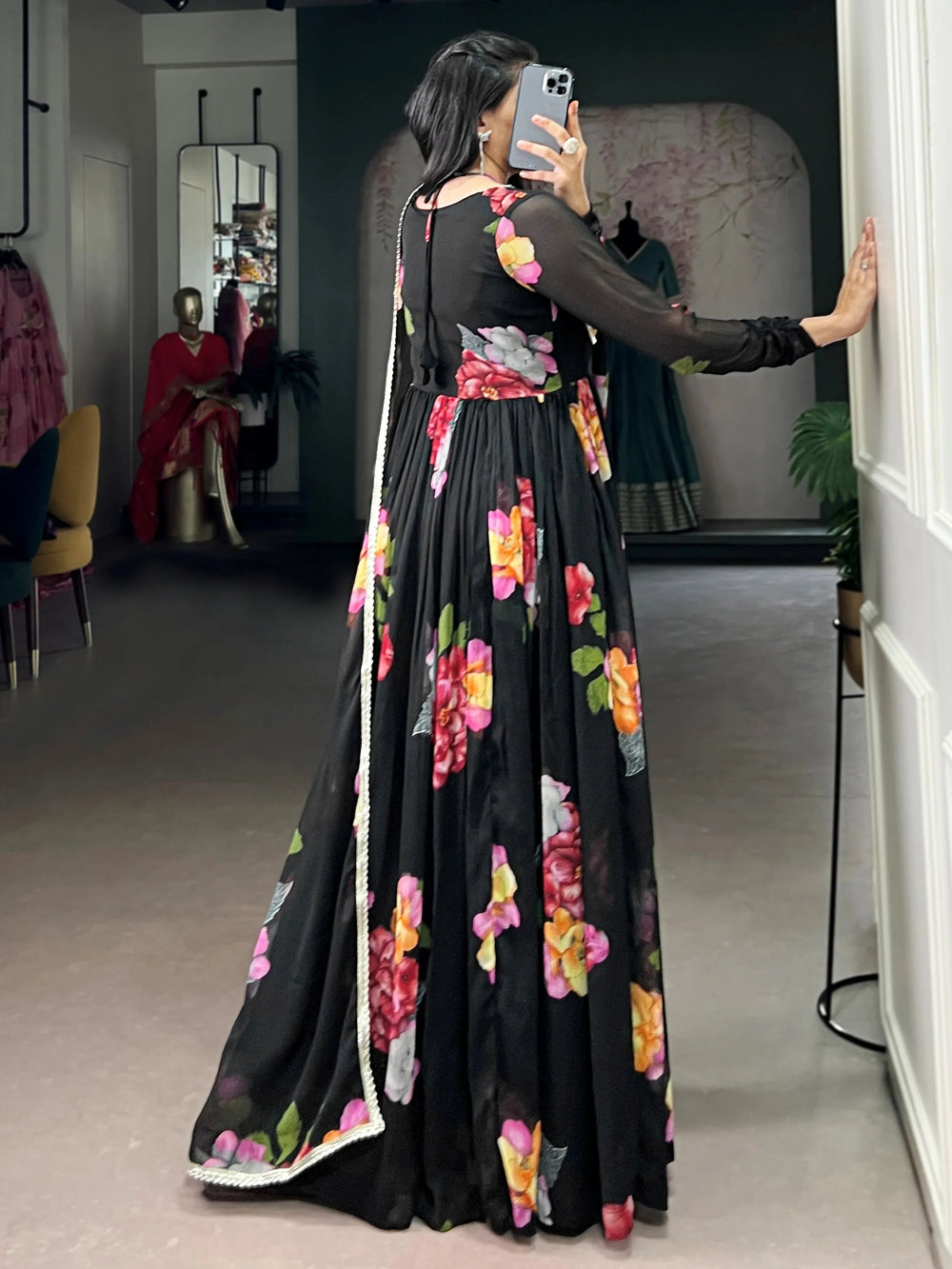 Black Chiffon Floral Printed Party Wear Gown With Dupatta