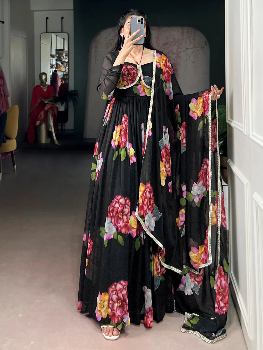 Black Chiffon Floral Printed Party Wear Gown With Dupatta