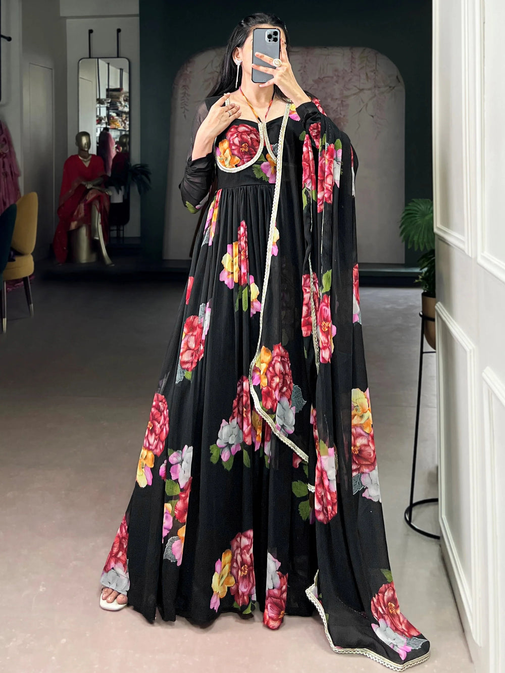 Black Chiffon Floral Printed Party Wear Gown With Dupatta