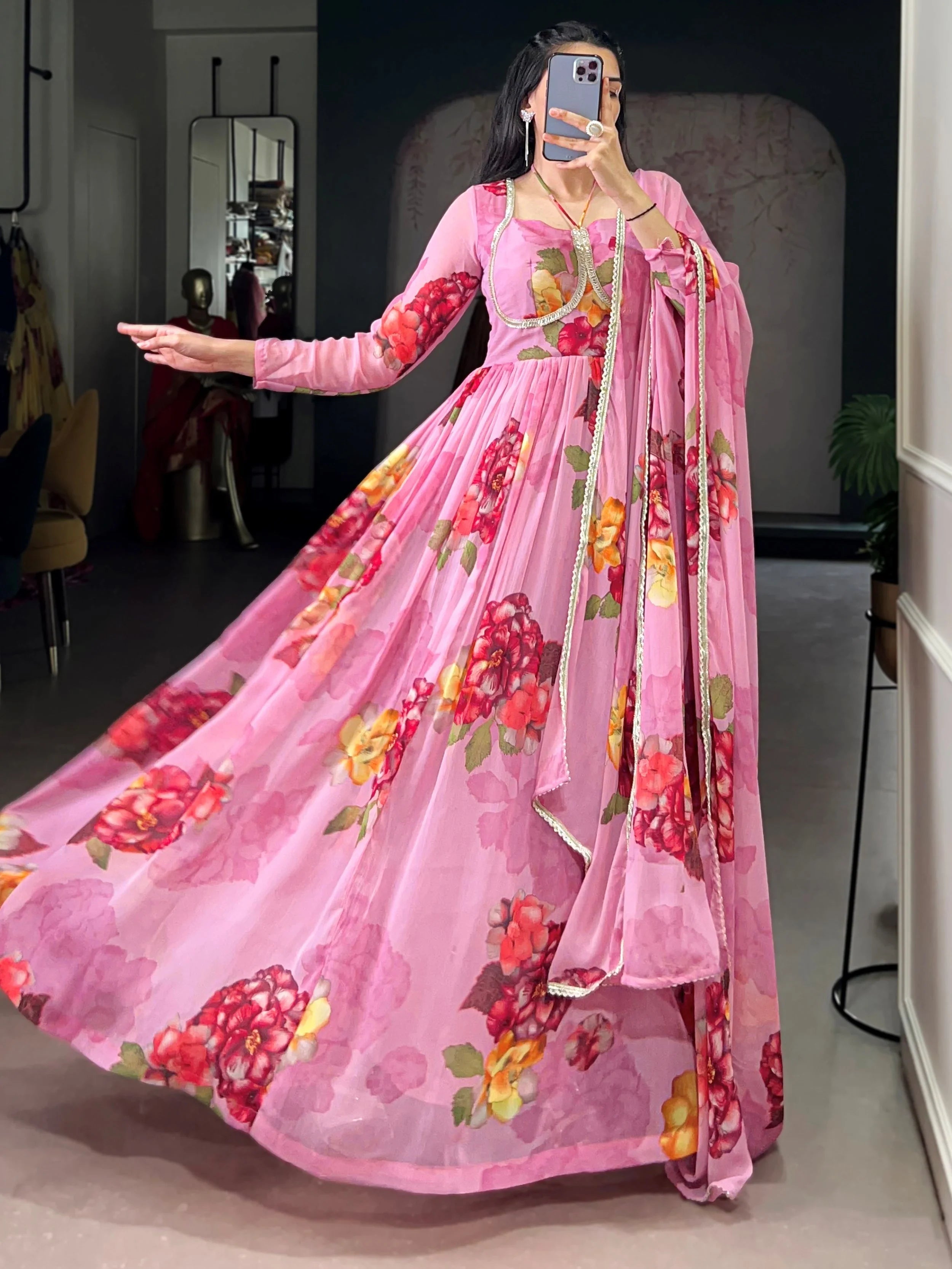 Light Pink Chiffon Floral Printed Party Wear Gown With Dupatta