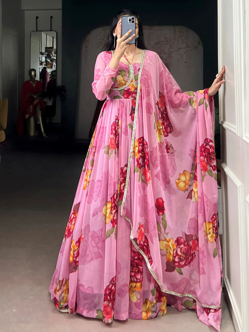 Light Pink Chiffon Floral Printed Party Wear Gown With Dupatta