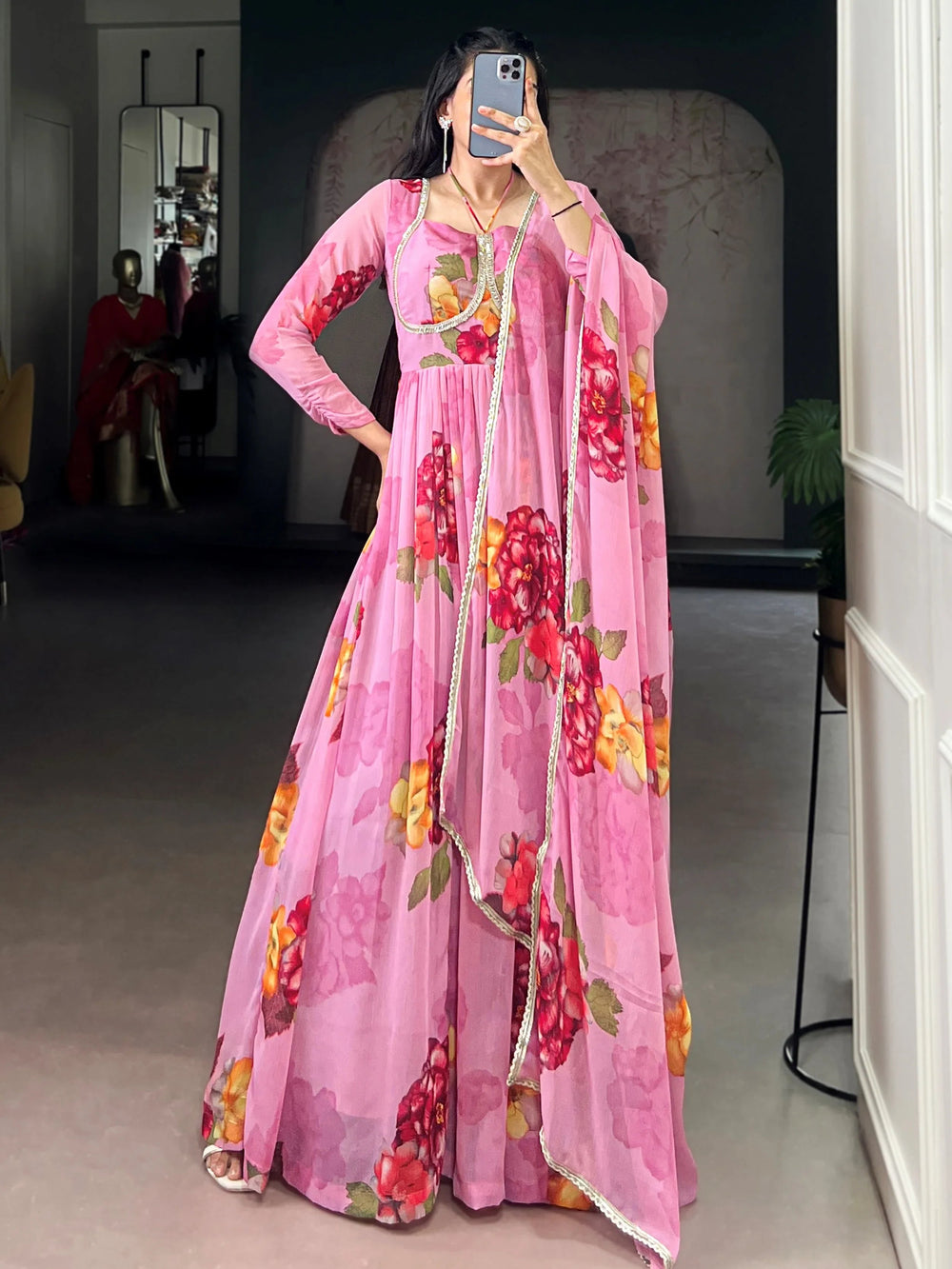 Light Pink Chiffon Floral Printed Party Wear Gown With Dupatta
