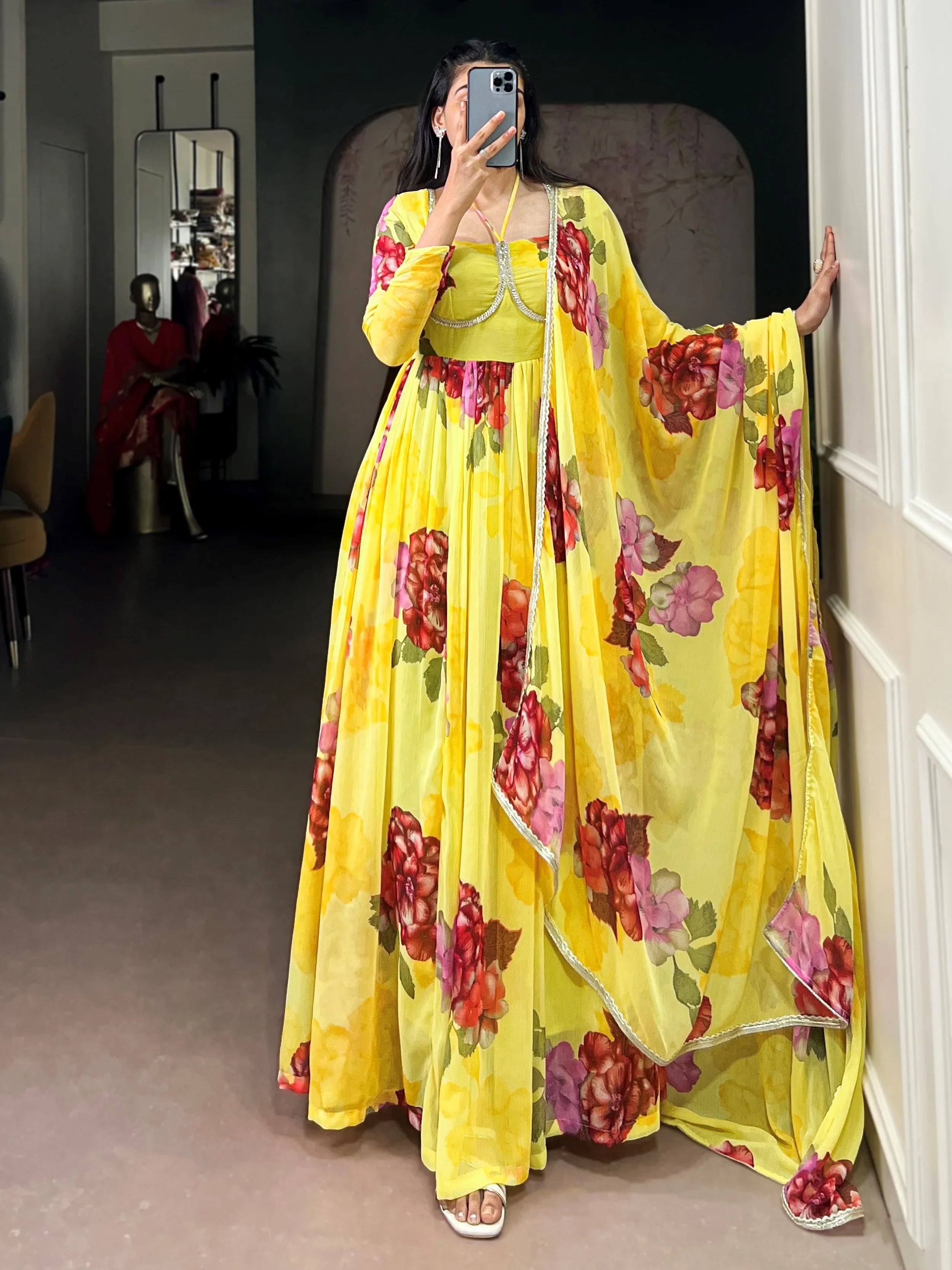 Yellow Chiffon Floral Printed Festive Wear Gown With Dupatta