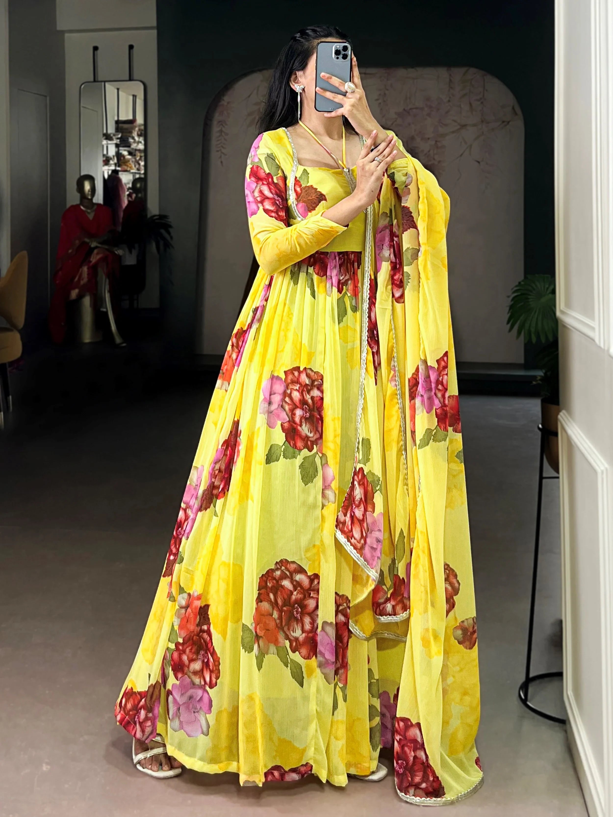 Yellow Chiffon Floral Printed Festive Wear Gown With Dupatta