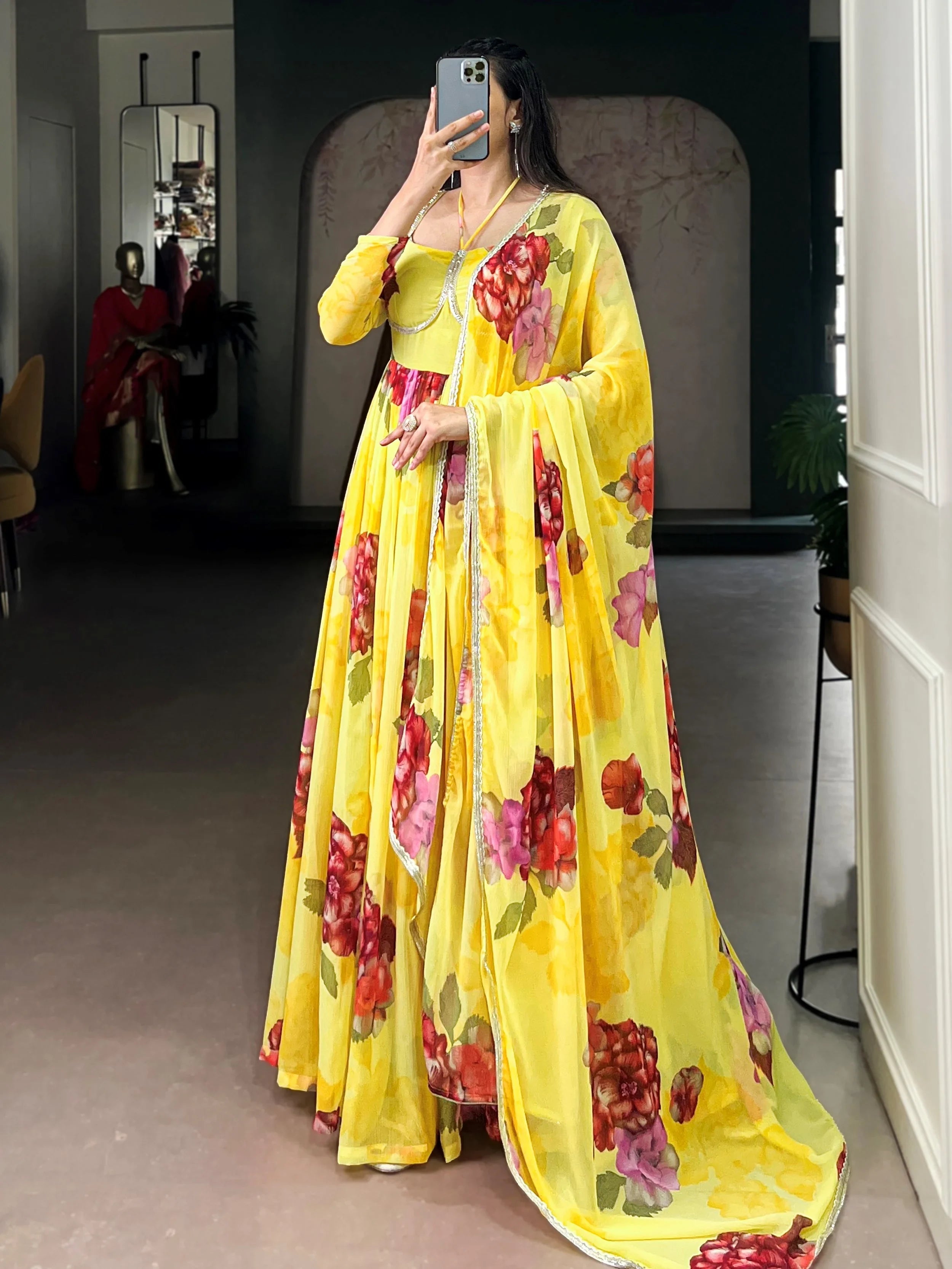 Yellow Chiffon Floral Printed Festive Wear Gown With Dupatta