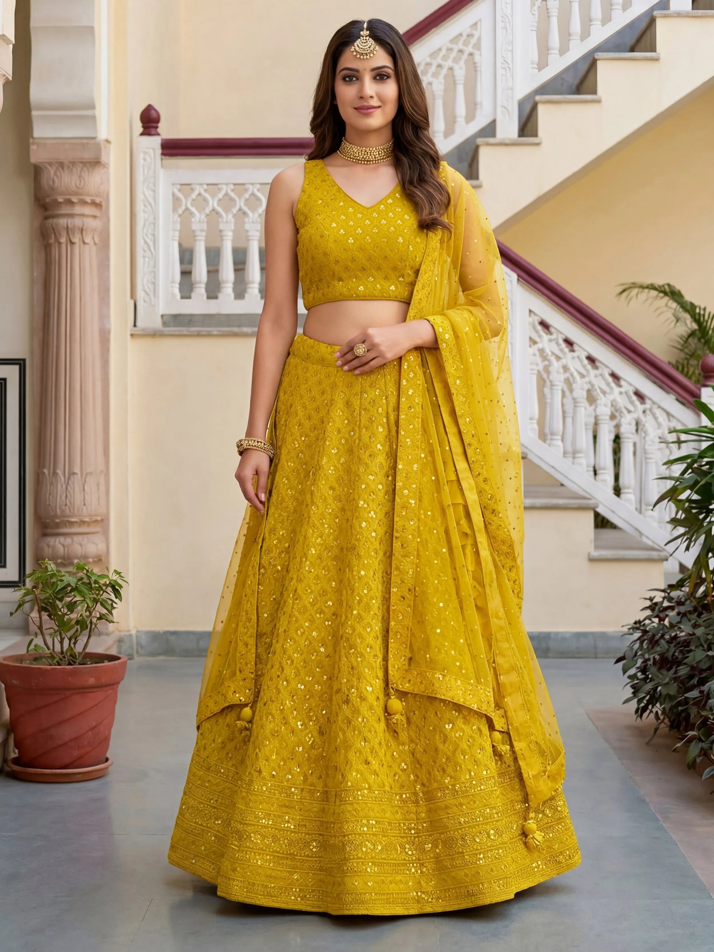 Sequins georgette lehenga choli with thread embroidery for wedding and sangeet occasions