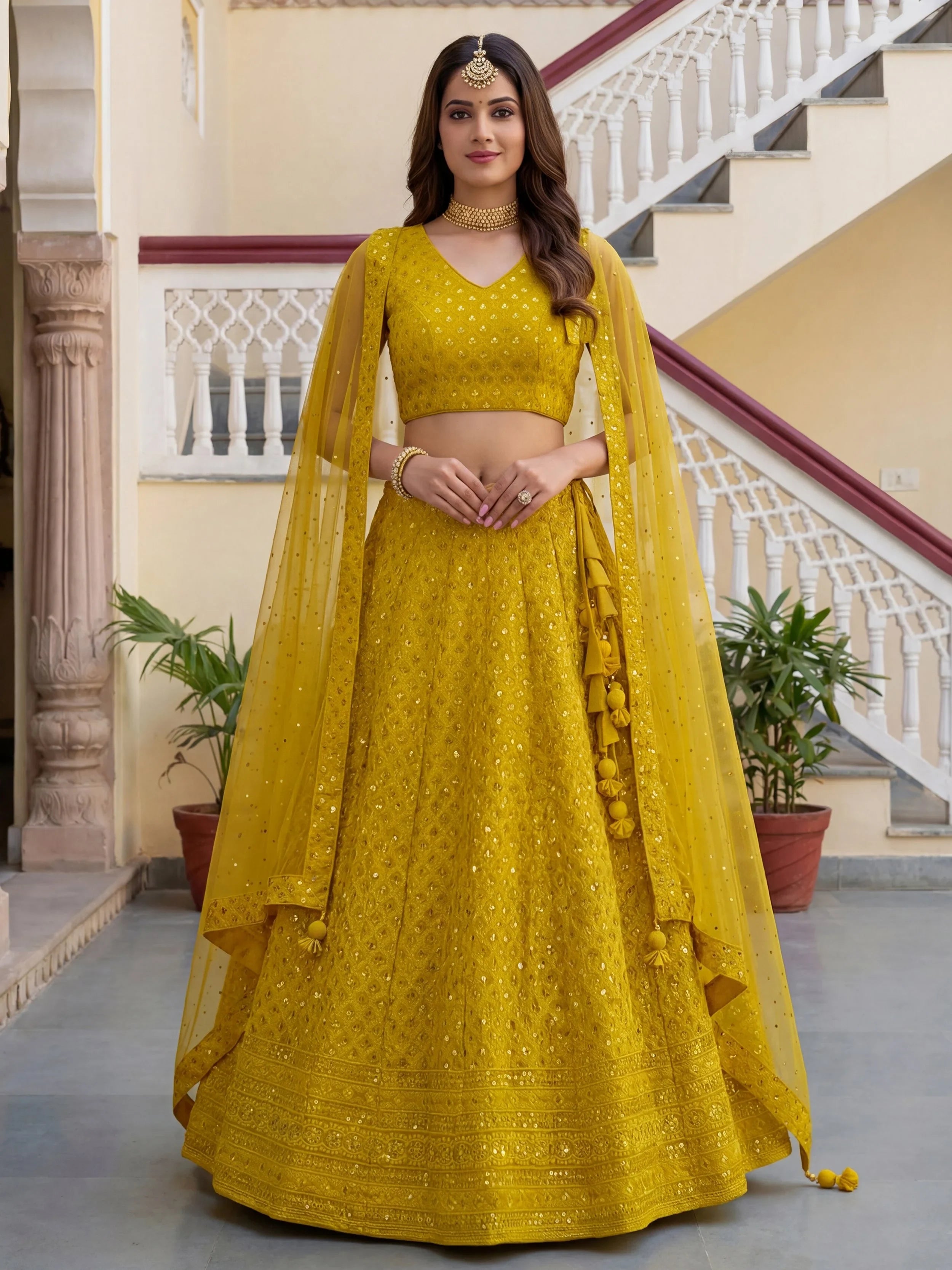 Sequins georgette lehenga choli with thread embroidery for wedding and sangeet occasions