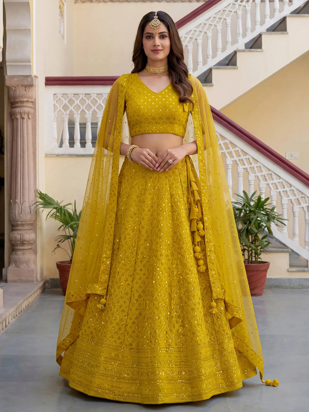 Sequins georgette lehenga choli with thread embroidery for wedding and sangeet occasions