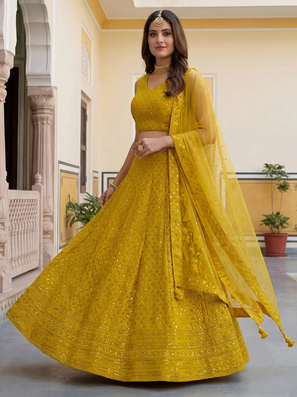 Sequins georgette lehenga choli with thread embroidery for wedding and sangeet occasions