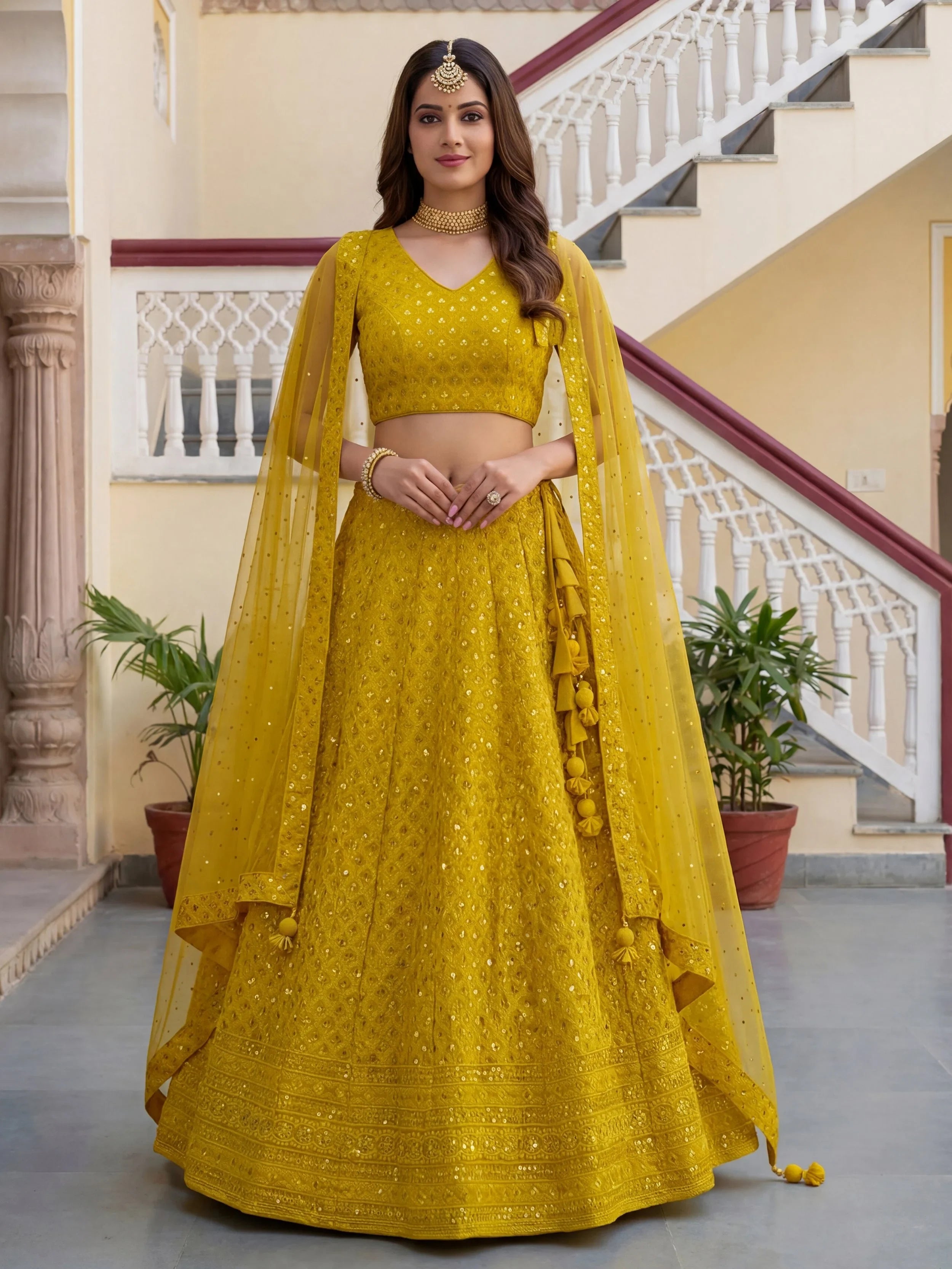 Sequins georgette lehenga choli with thread embroidery for wedding and sangeet occasions