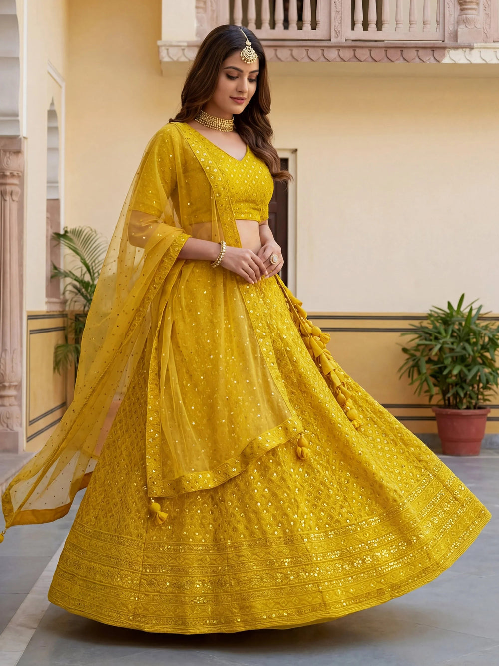 Sequins georgette lehenga choli with thread embroidery for wedding and sangeet occasions
