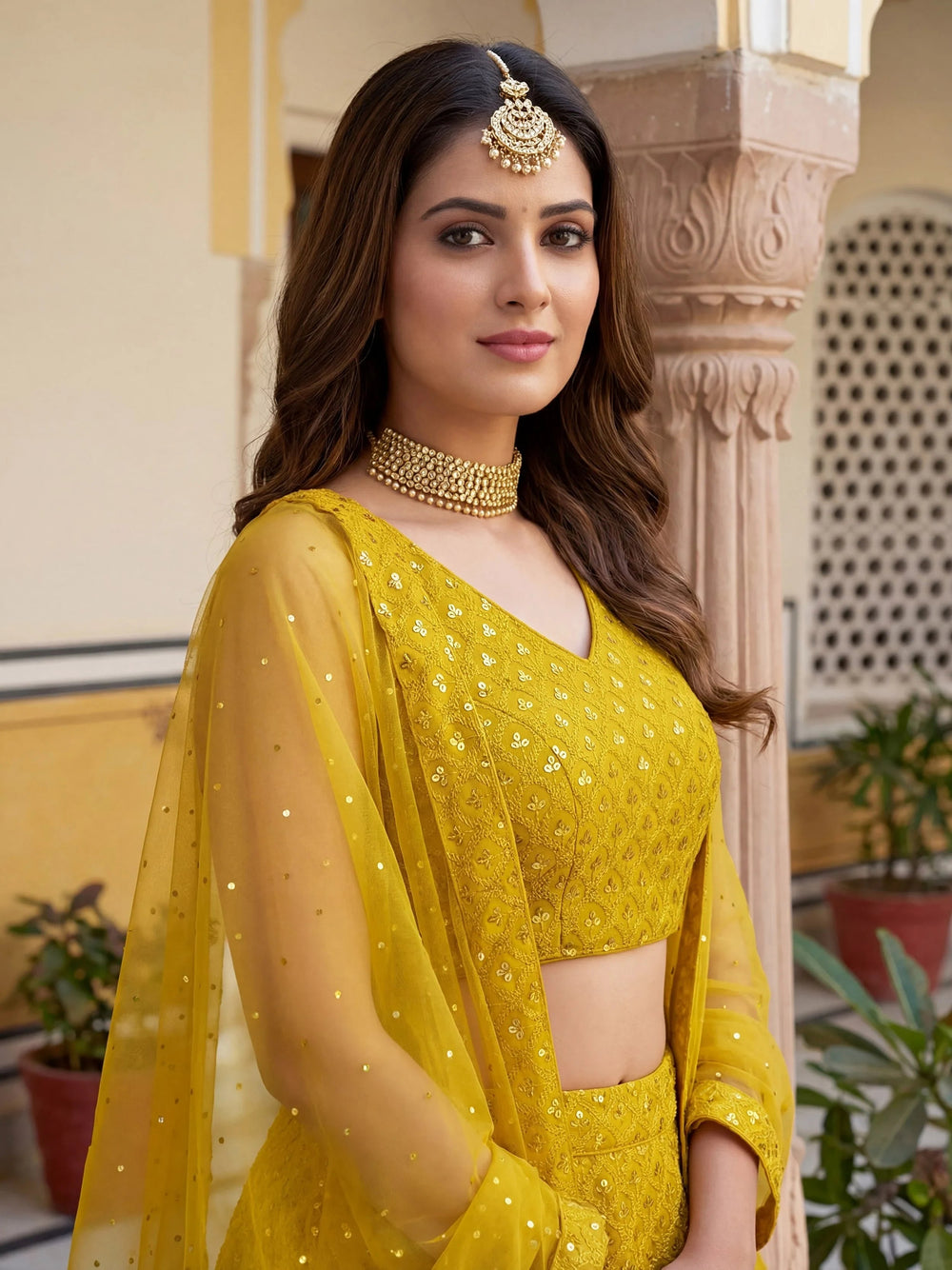 Sequins georgette lehenga choli with thread embroidery for wedding and sangeet occasions