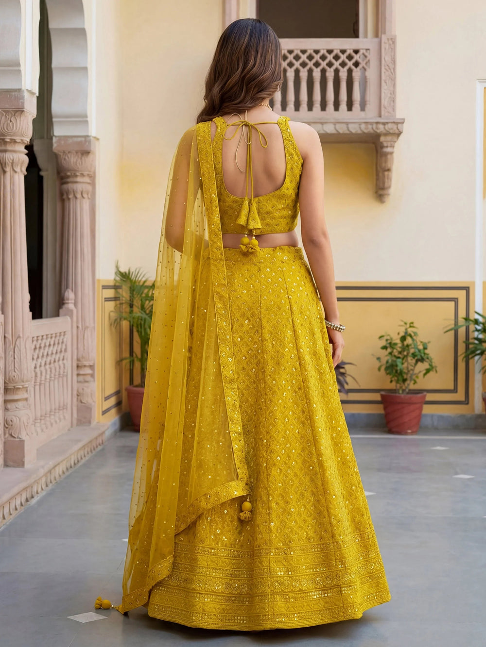 Sequins georgette lehenga choli with thread embroidery for wedding and sangeet occasions