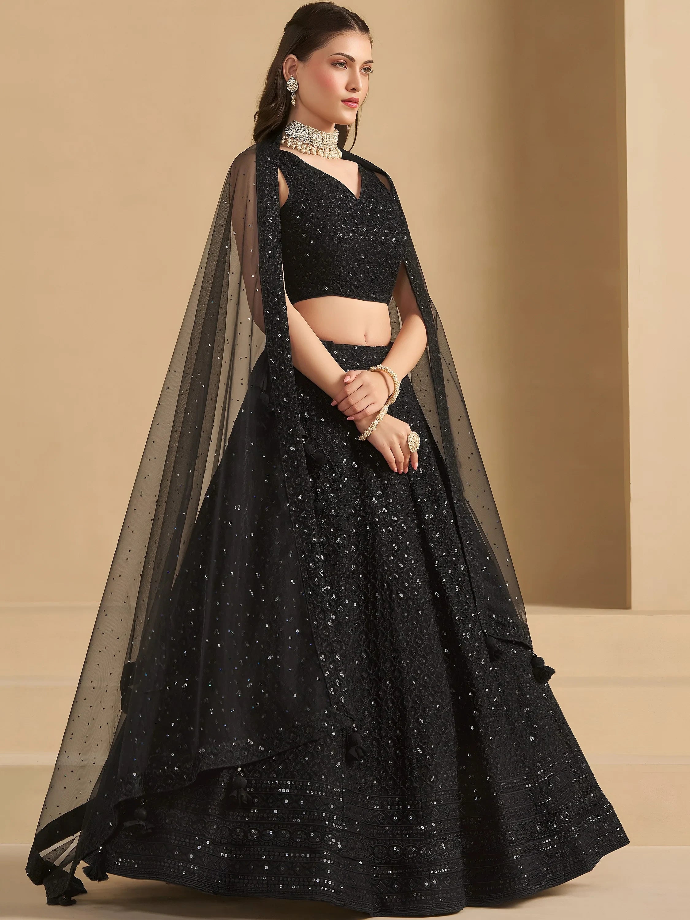 Sequins georgette lehenga choli with thread embroidery for wedding and sangeet occasions