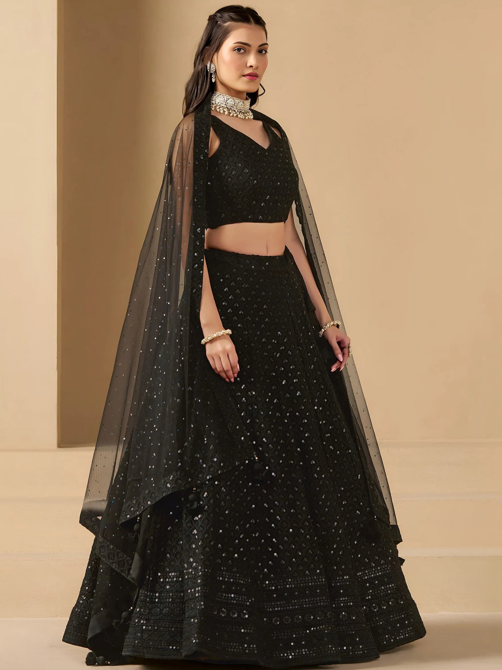 Sequins georgette lehenga choli with thread embroidery for wedding and sangeet occasions