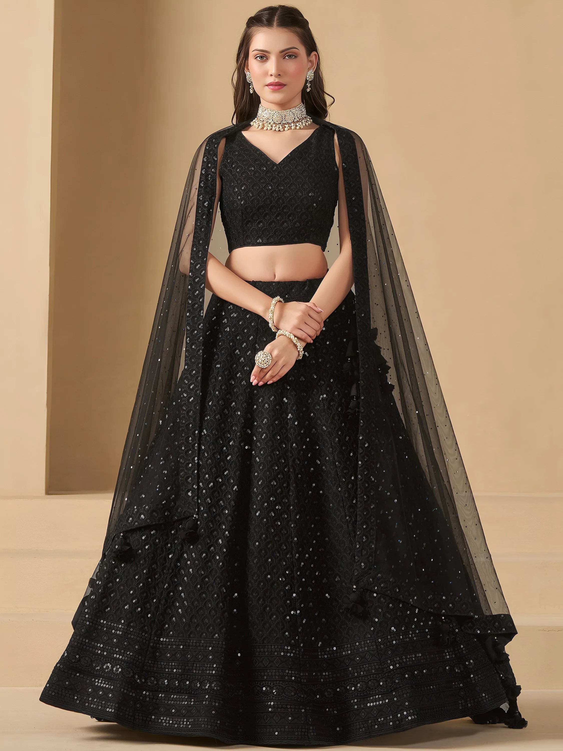 Sequins georgette lehenga choli with thread embroidery for wedding and sangeet occasions