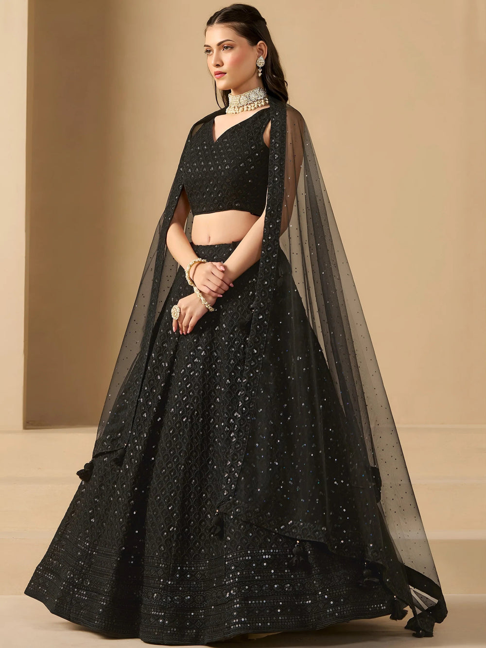 Sequins georgette lehenga choli with thread embroidery for wedding and sangeet occasions