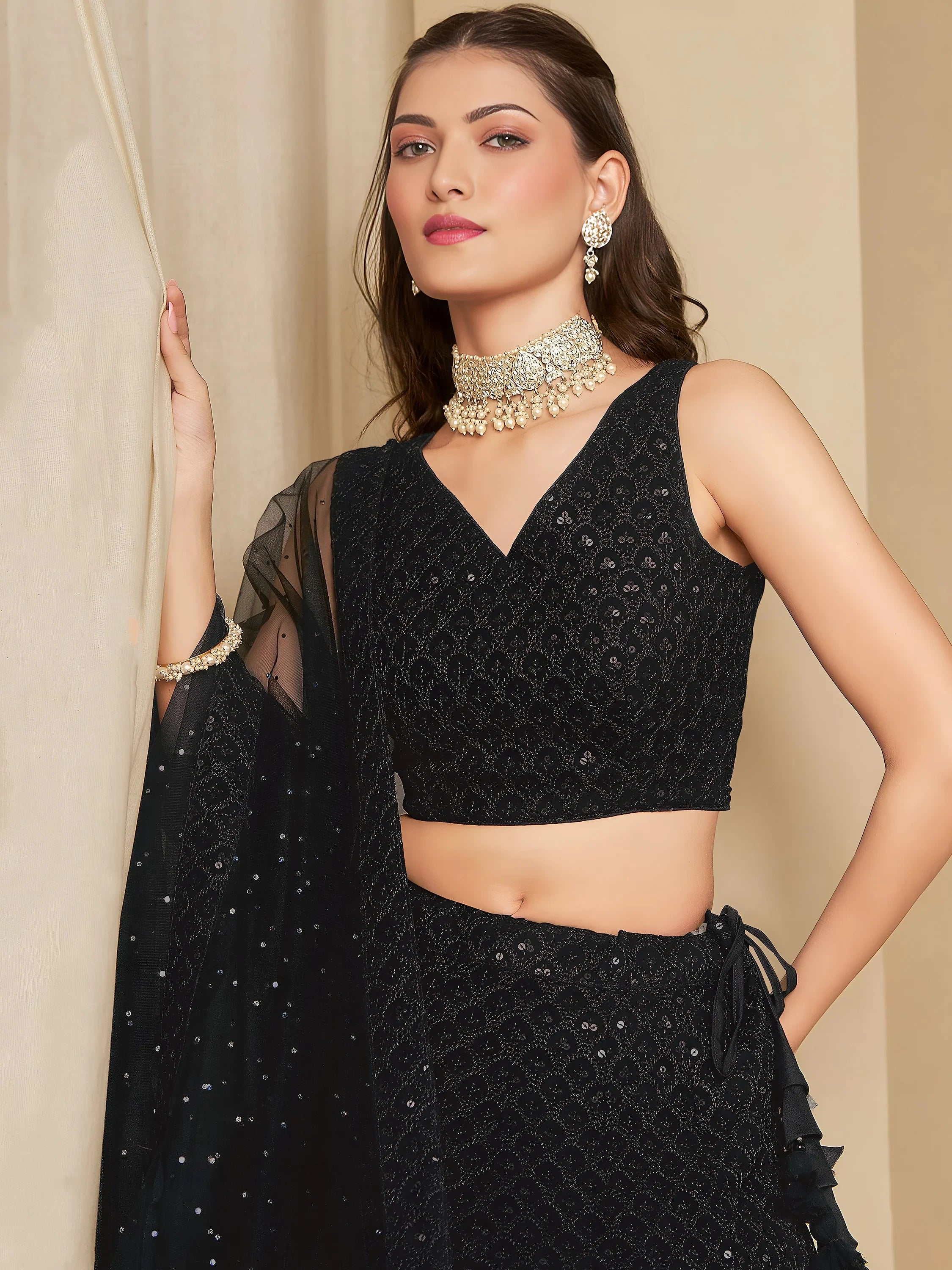 Sequins georgette lehenga choli with thread embroidery for wedding and sangeet occasions