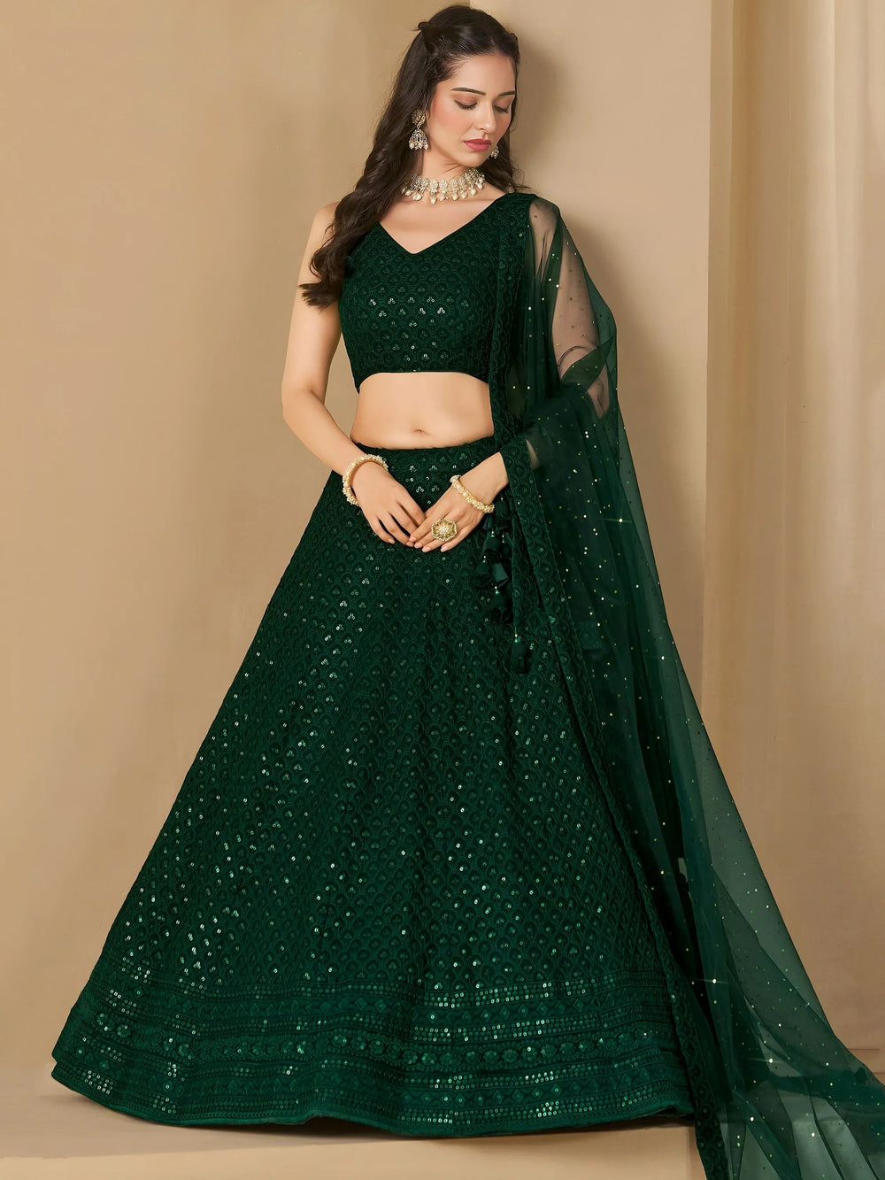 Sequins georgette lehenga choli with thread embroidery for wedding and sangeet occasions