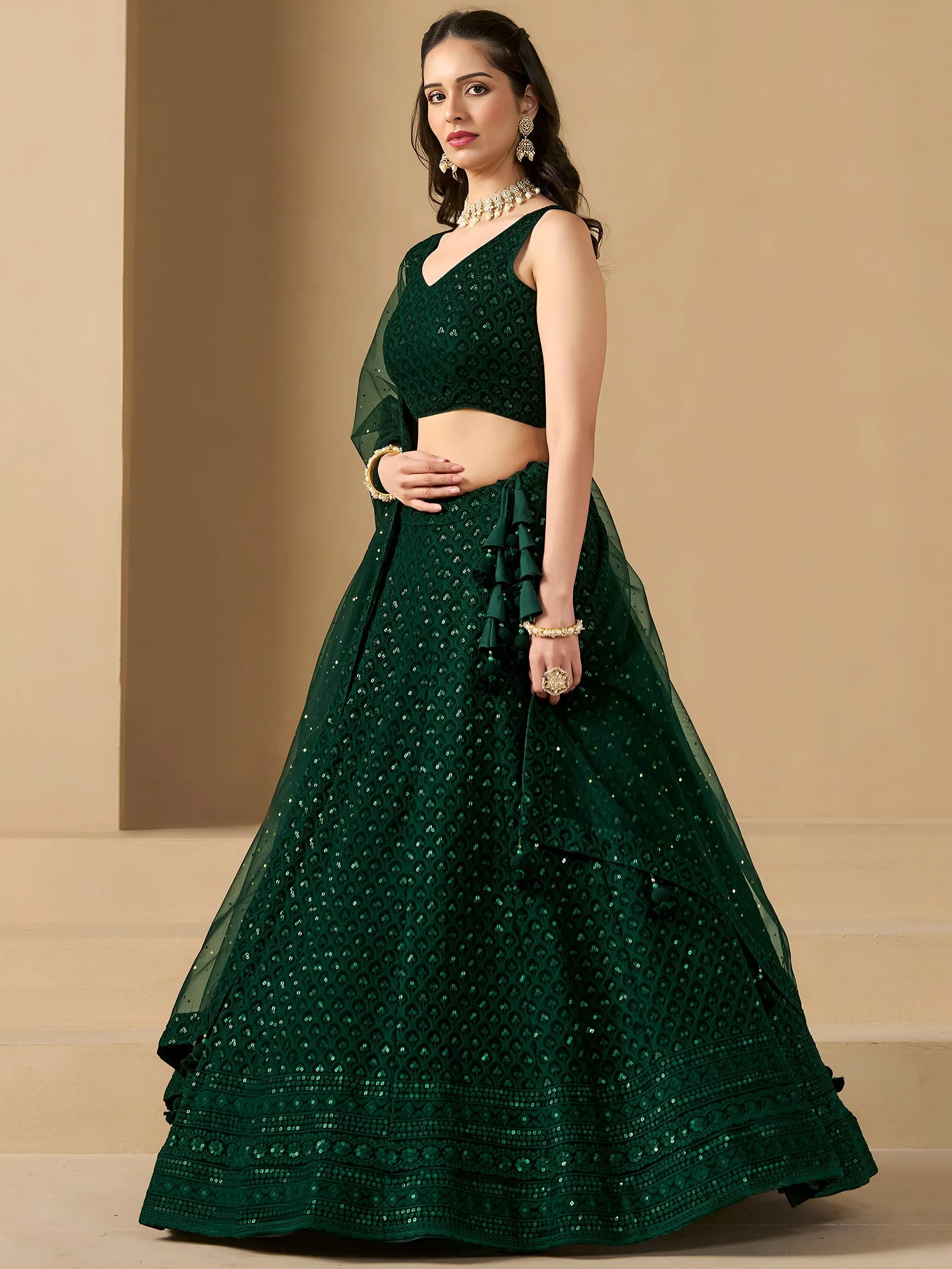 Sequins georgette lehenga choli with thread embroidery for wedding and sangeet occasions