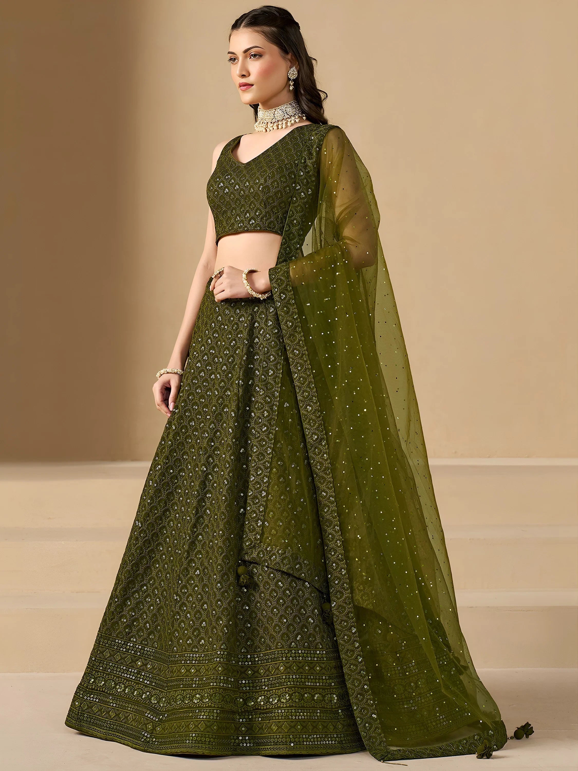 Sequins georgette lehenga choli with thread embroidery for wedding and sangeet occasions