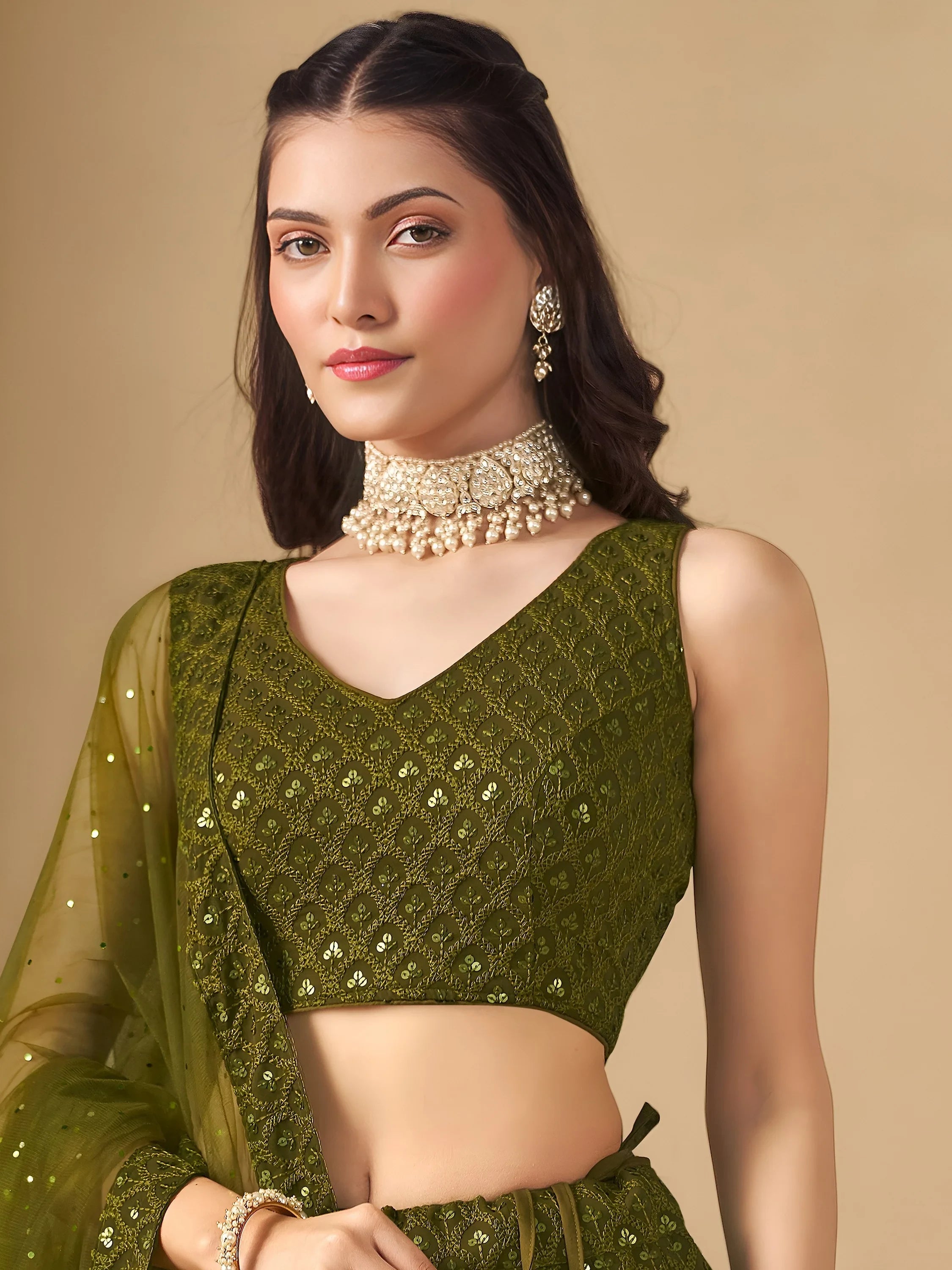 Sequins georgette lehenga choli with thread embroidery for wedding and sangeet occasions