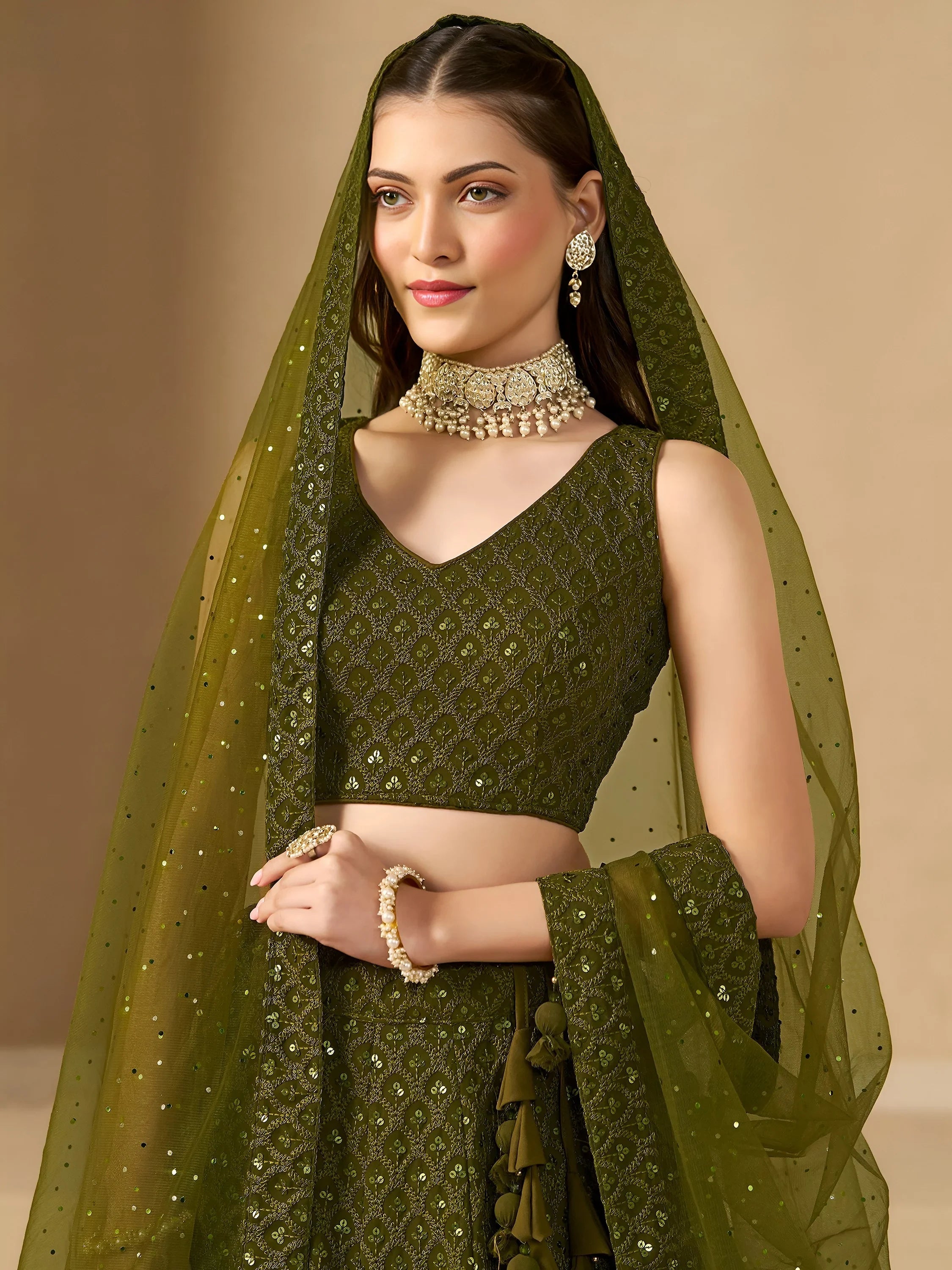 Sequins georgette lehenga choli with thread embroidery for wedding and sangeet occasions