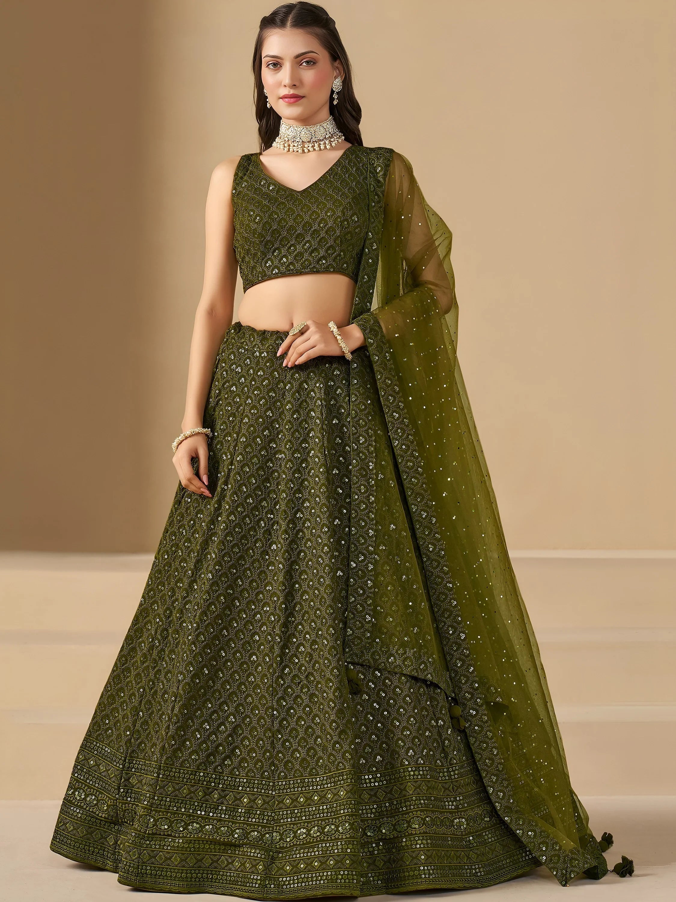 Sequins georgette lehenga choli with thread embroidery for wedding and sangeet occasions