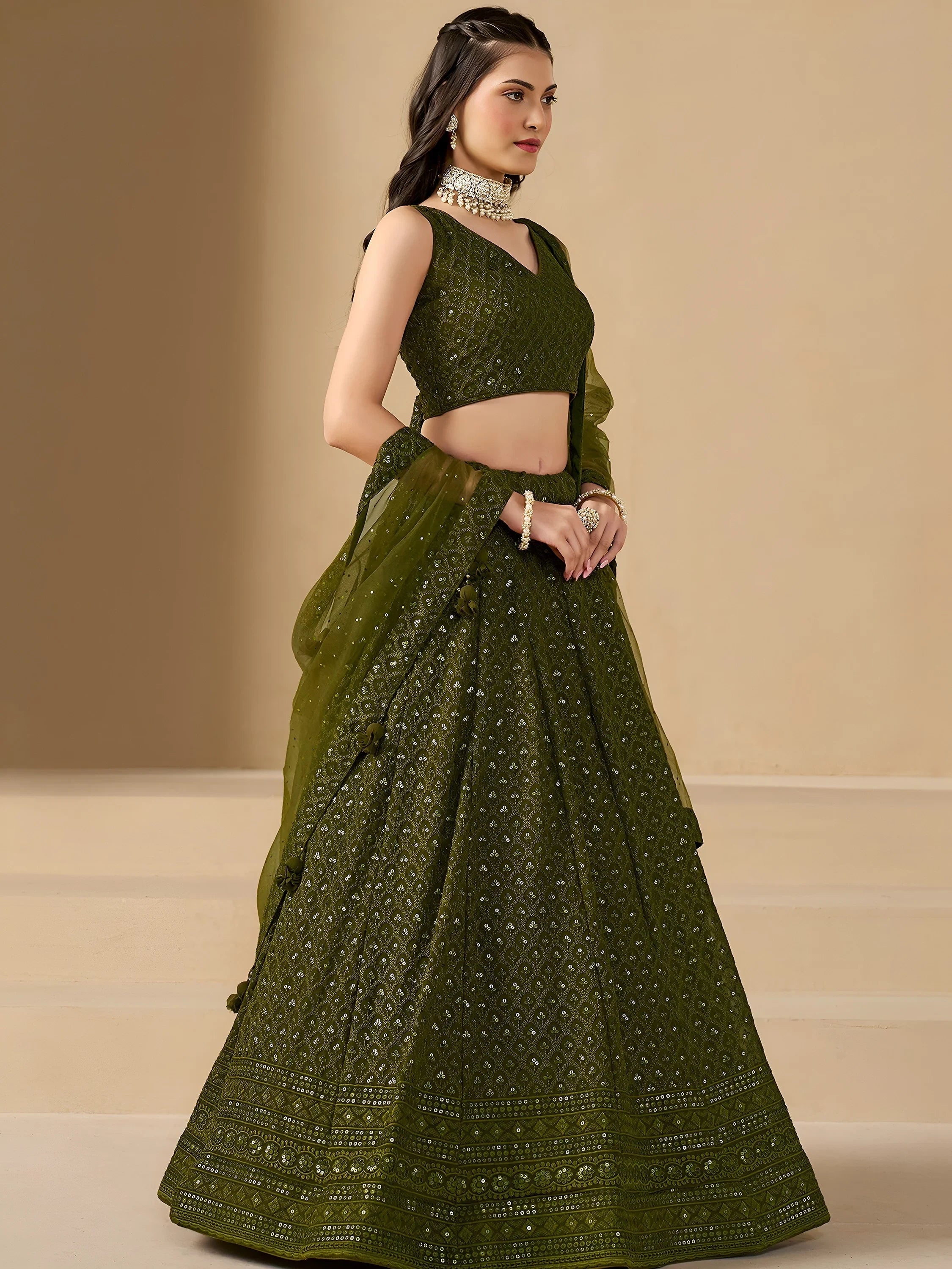 Sequins georgette lehenga choli with thread embroidery for wedding and sangeet occasions