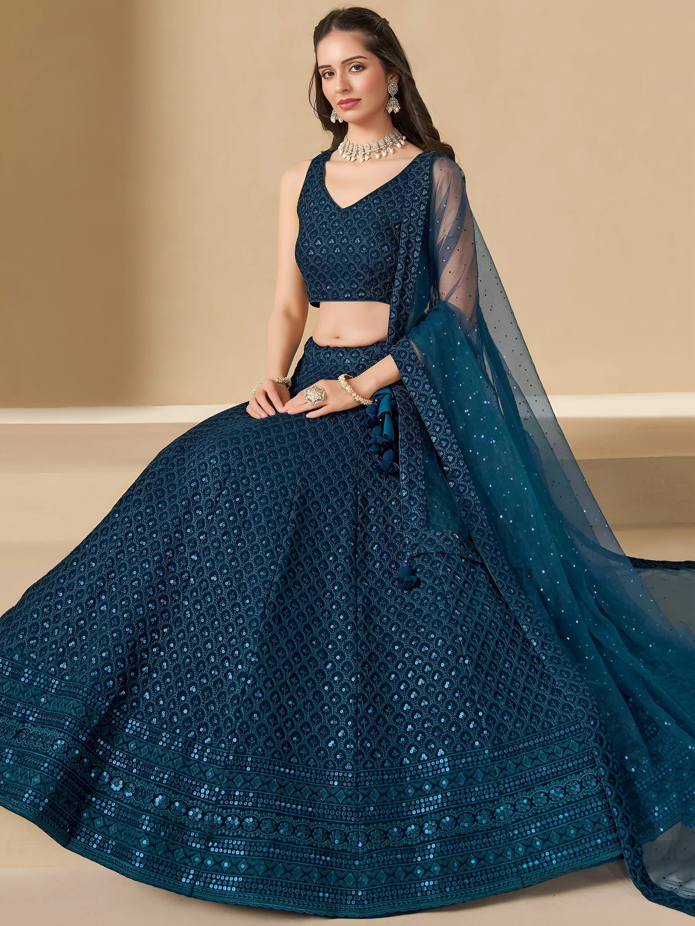 Sequins georgette lehenga choli with thread embroidery for wedding and sangeet occasions