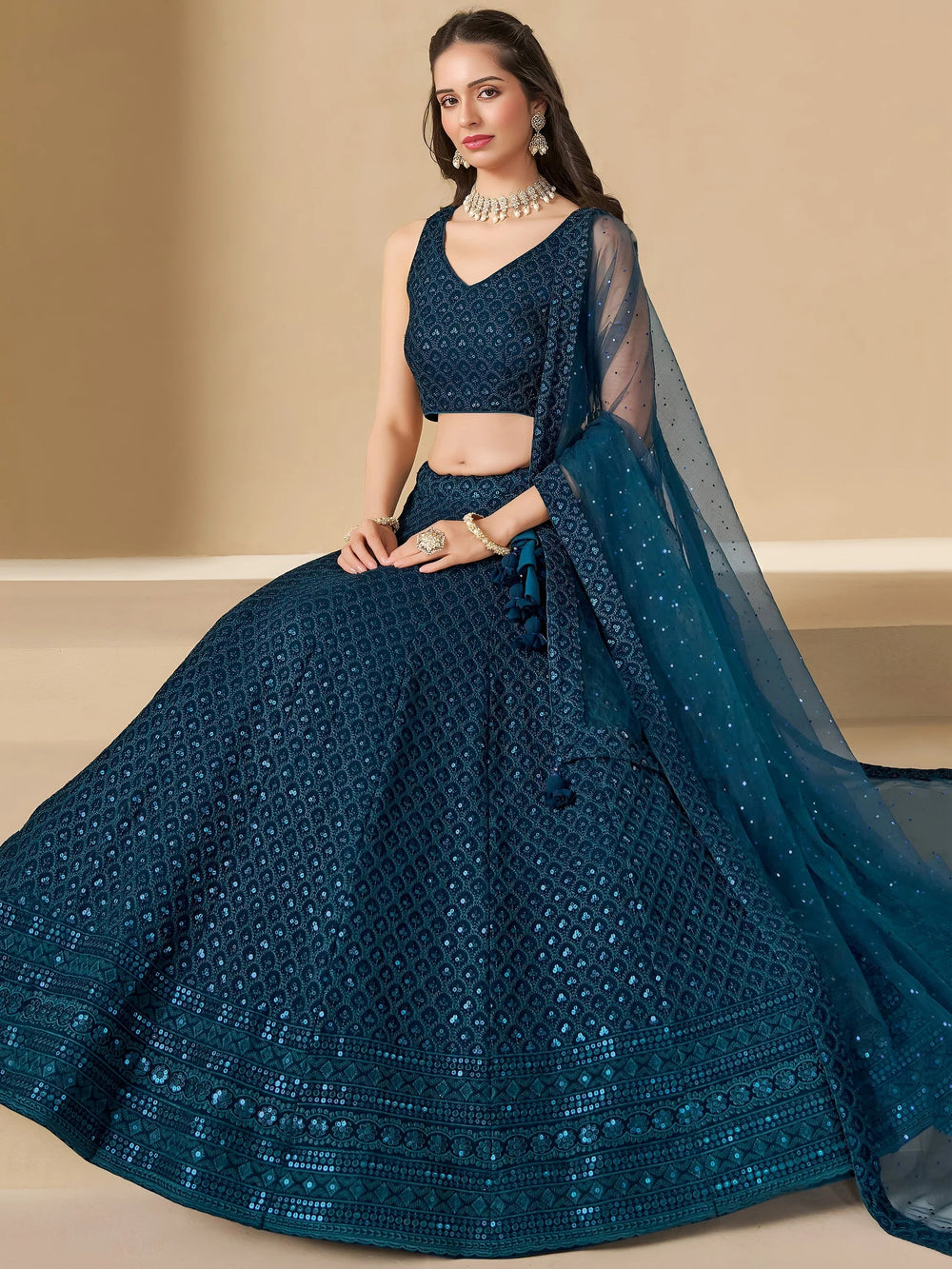 Sequins georgette lehenga choli with thread embroidery for wedding and sangeet occasions