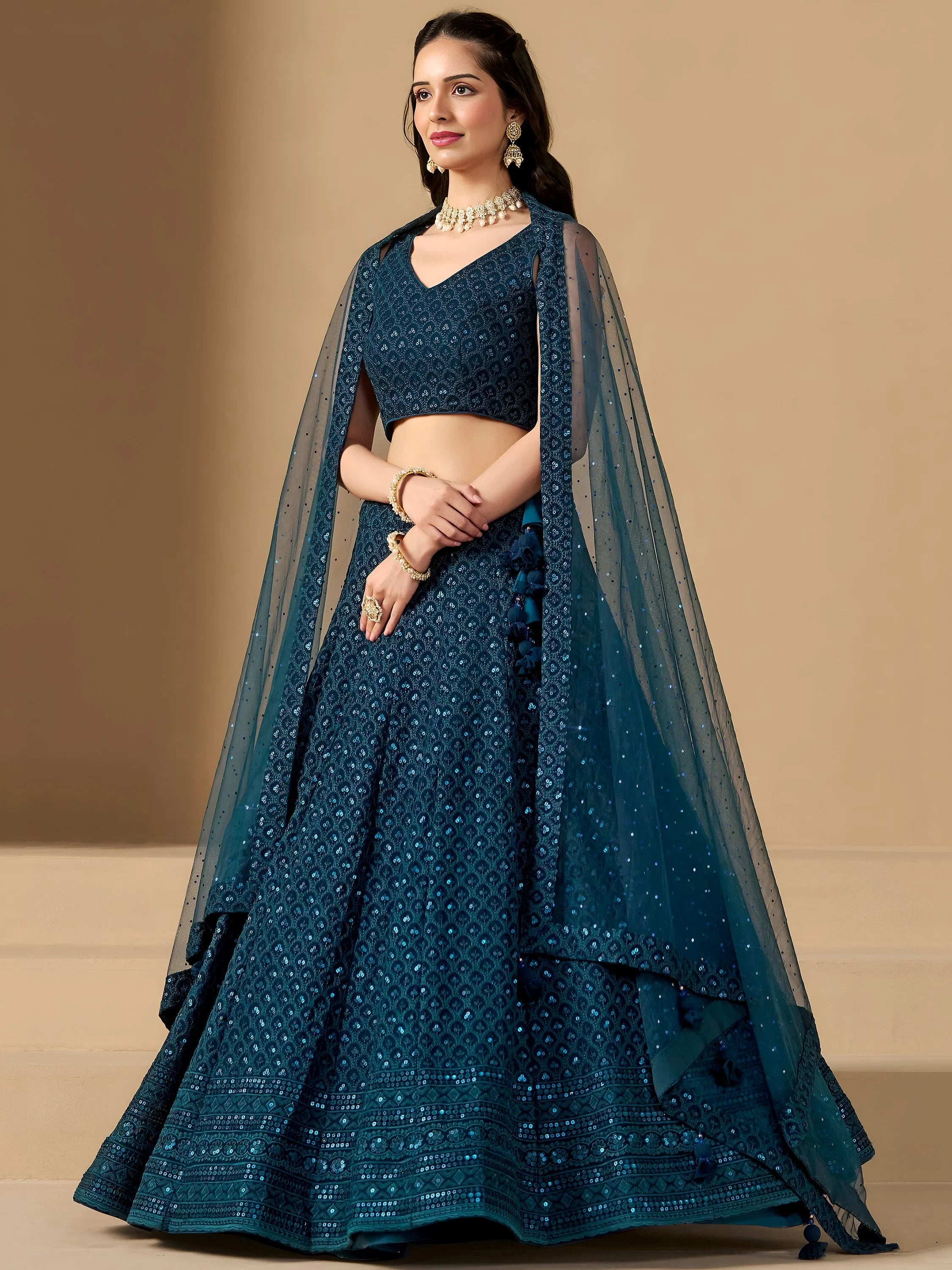 Sequins georgette lehenga choli with thread embroidery for wedding and sangeet occasions