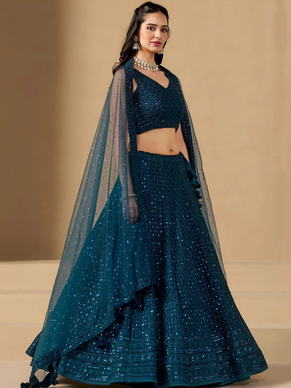 Sequins georgette lehenga choli with thread embroidery for wedding and sangeet occasions