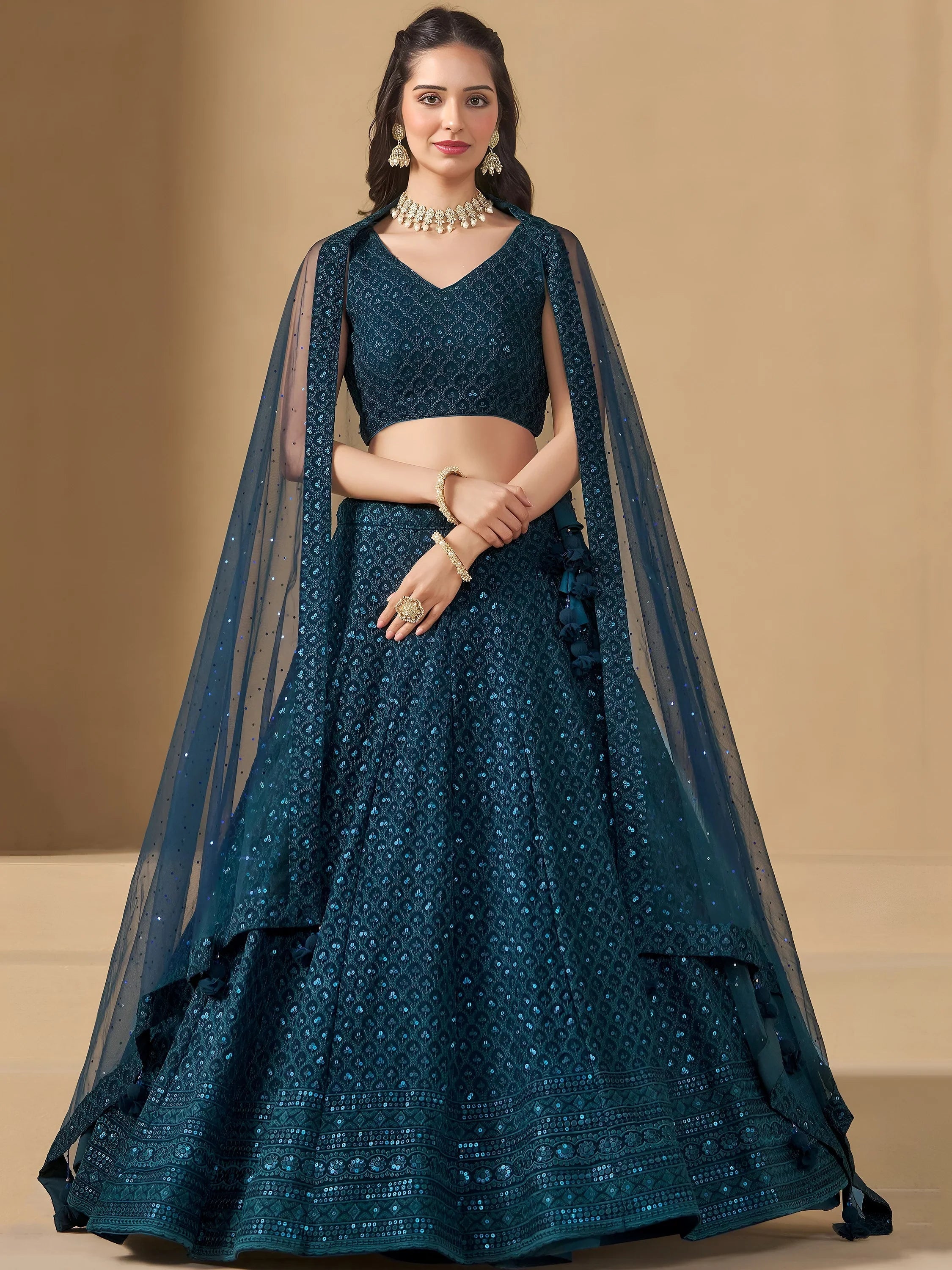 Sequins georgette lehenga choli with thread embroidery for wedding and sangeet occasions