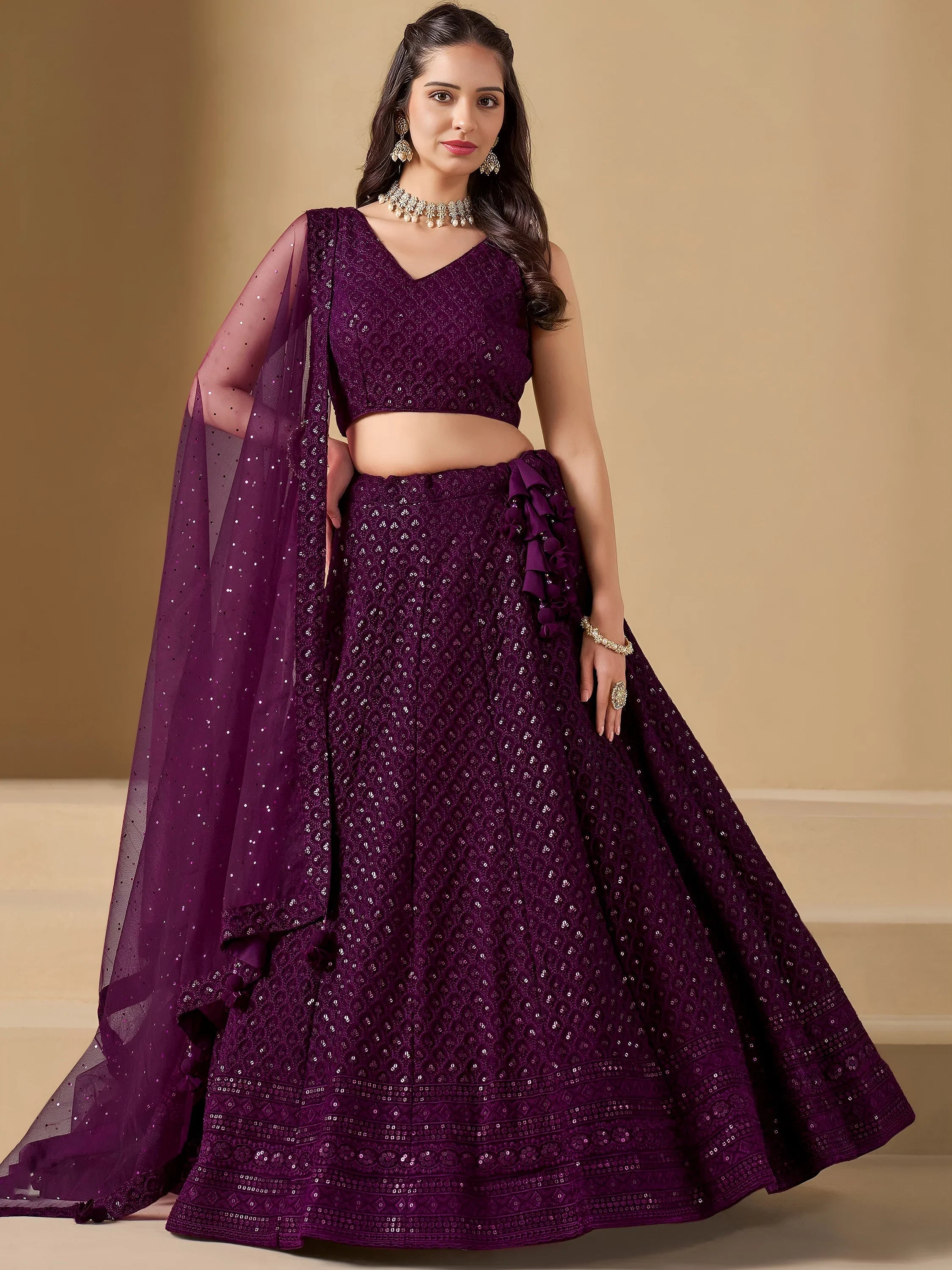 Sequins georgette lehenga choli with thread embroidery for wedding and sangeet occasions