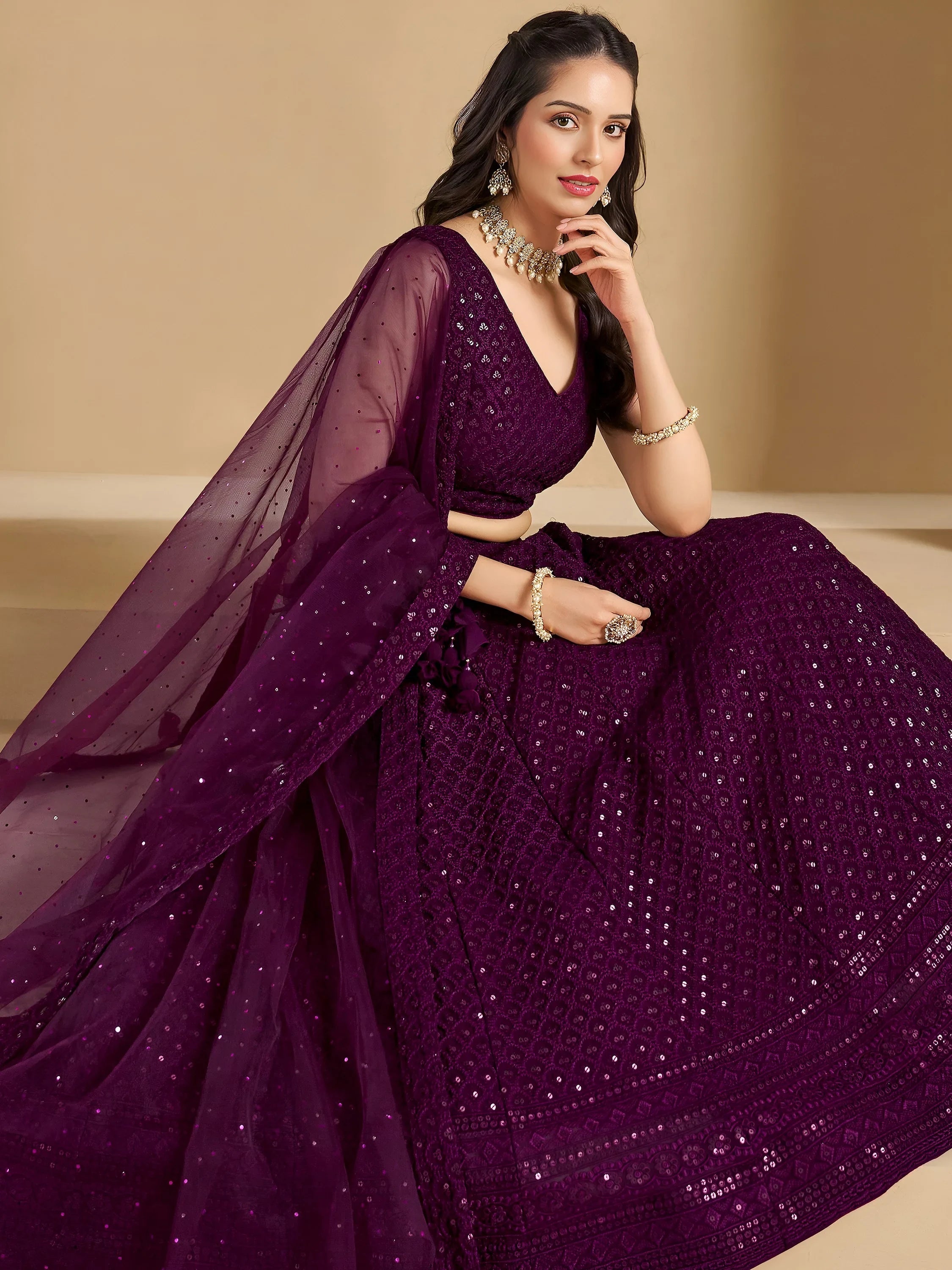 Sequins georgette lehenga choli with thread embroidery for wedding and sangeet occasions