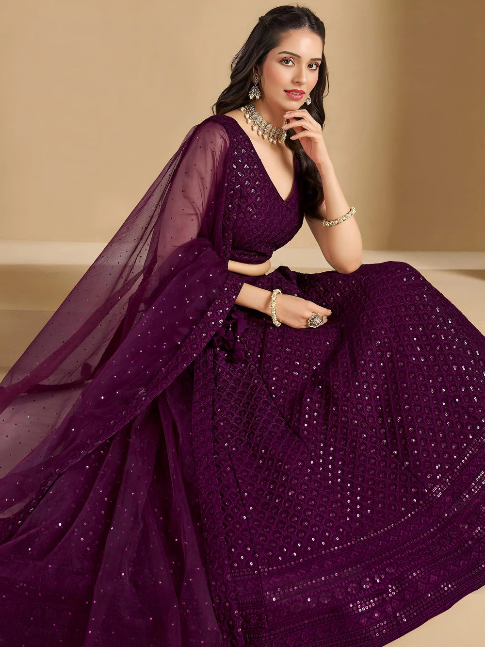Sequins georgette lehenga choli with thread embroidery for wedding and sangeet occasions